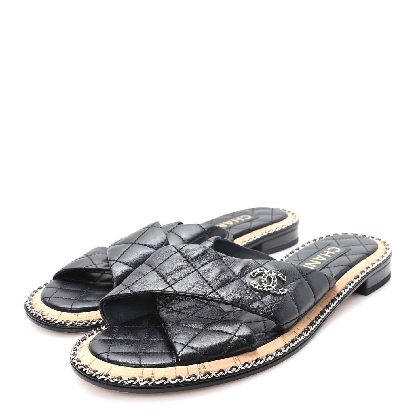Lambskin Quilted Chain CC Sandals 39 Black