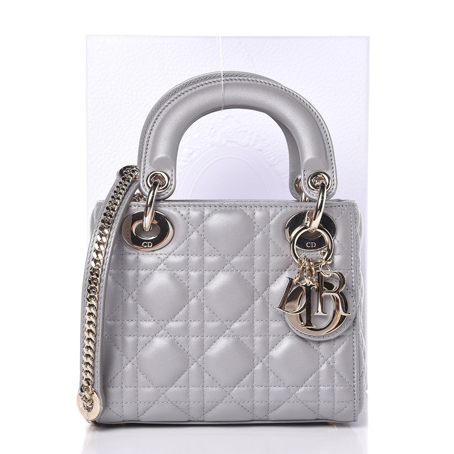 Metallic Lambskin Cannage Mini Lady Dior Grey
