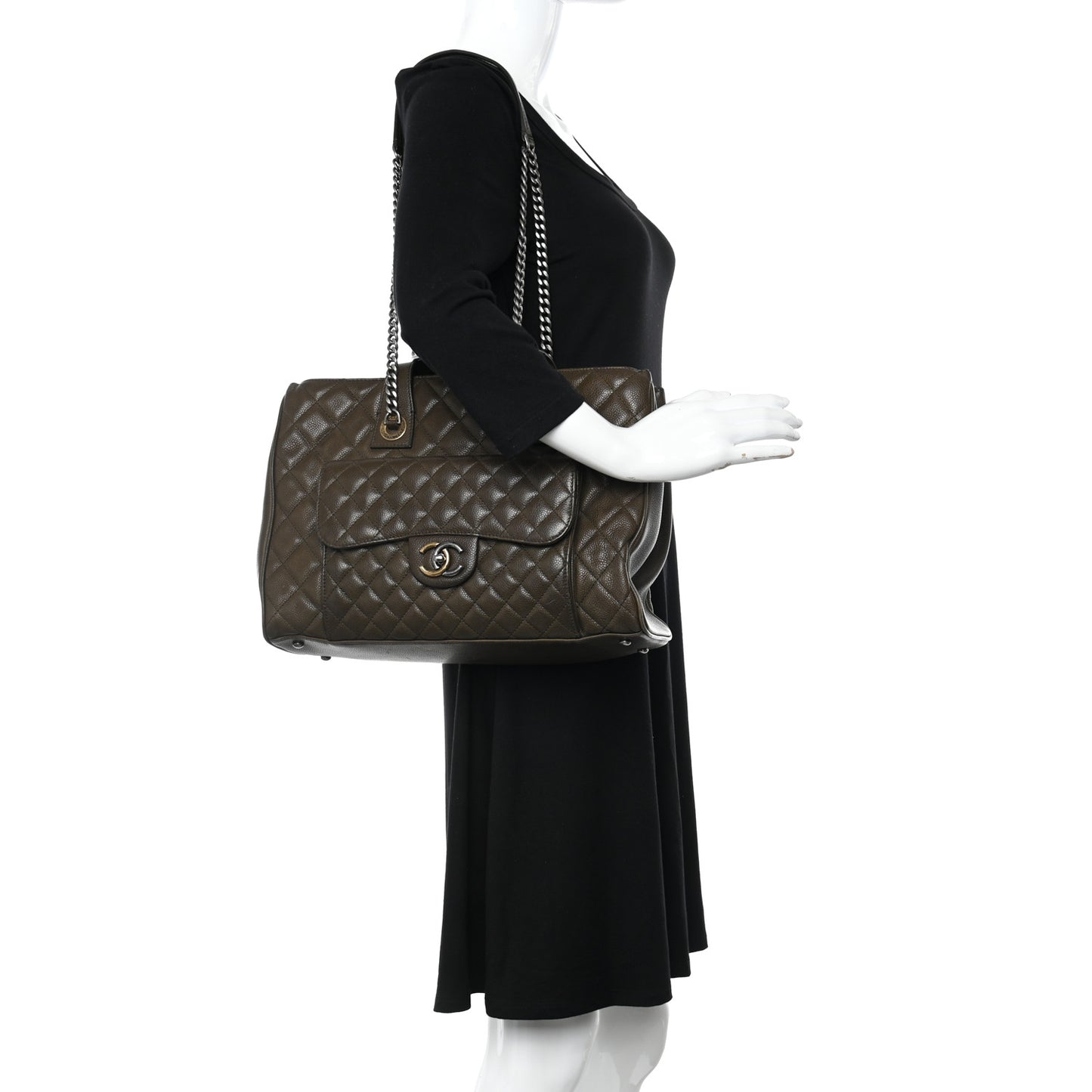 Caviar Quilted Large Casual Pocket Tote Khaki