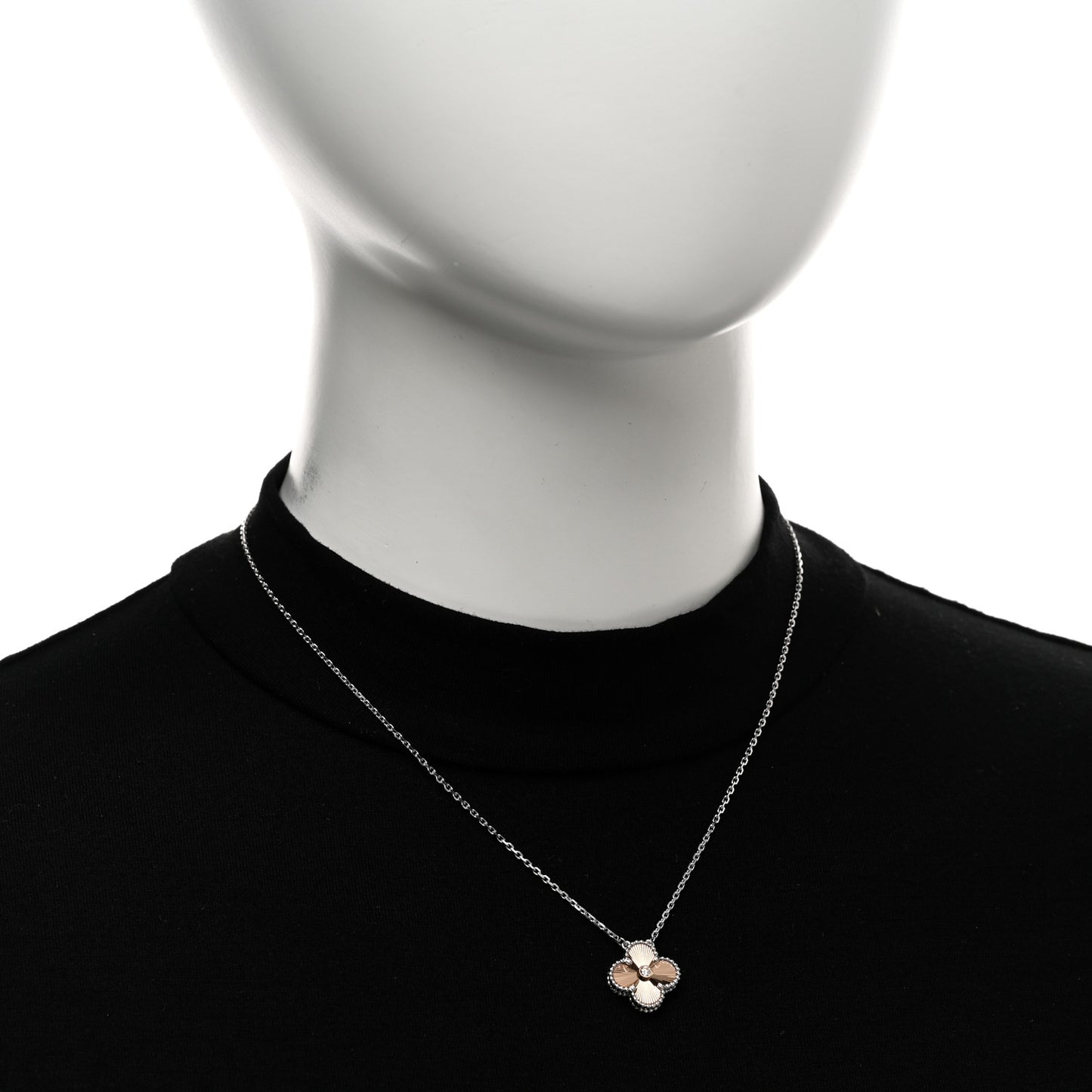 18K White Rose Gold Diamond Guilloche Vintage Alhambra Pendant Necklace