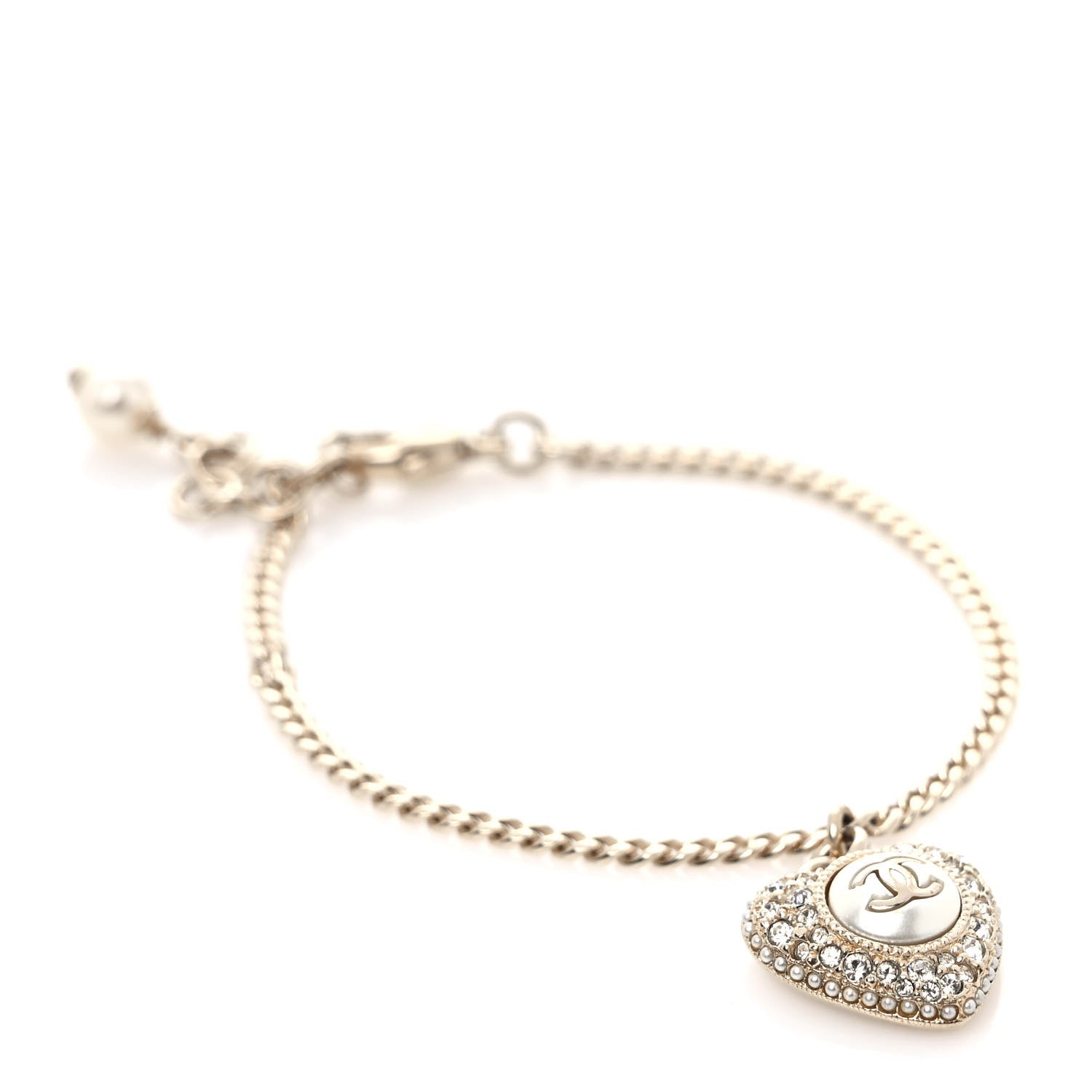 Chanel Crystal Pearl Chain Heart Bracelet Gold 1 of 5