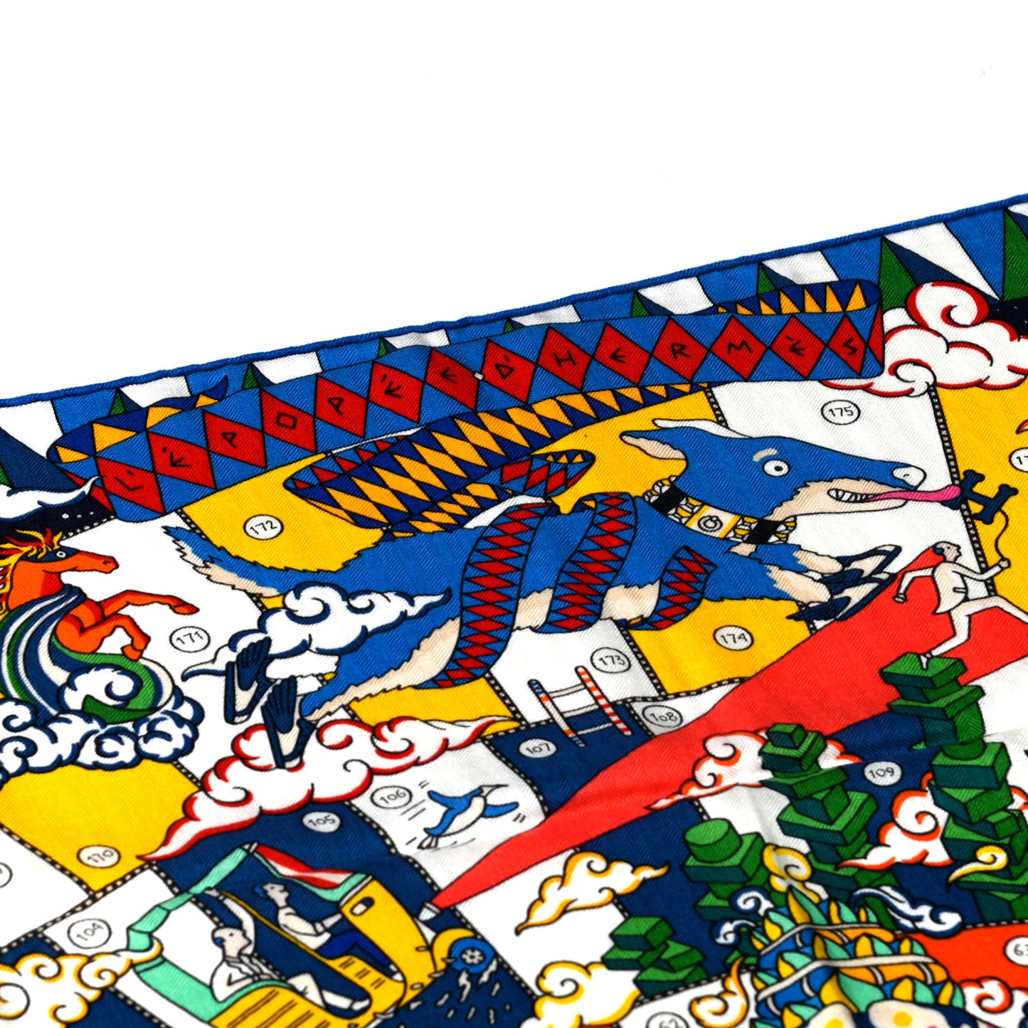 Cashmere Silk L'Epopee D'Hermes Shawl 140 Bleu Jaune Multicolore