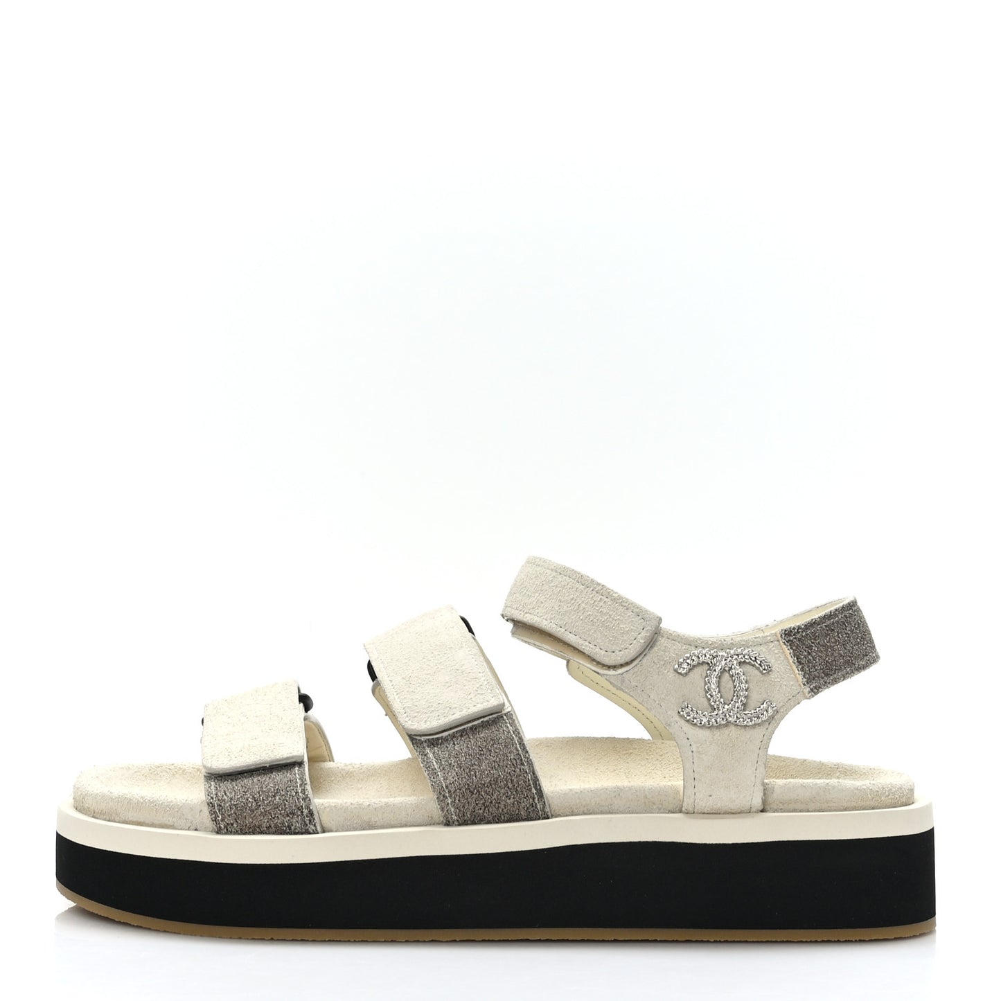 Suede Calfskin Velcro Flat Sandals 39 Ivory Dark Beige