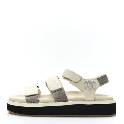 Chanel Suede Calfskin Velcro Flat Sandals 39 Ivory Dark Beige 1 of 8