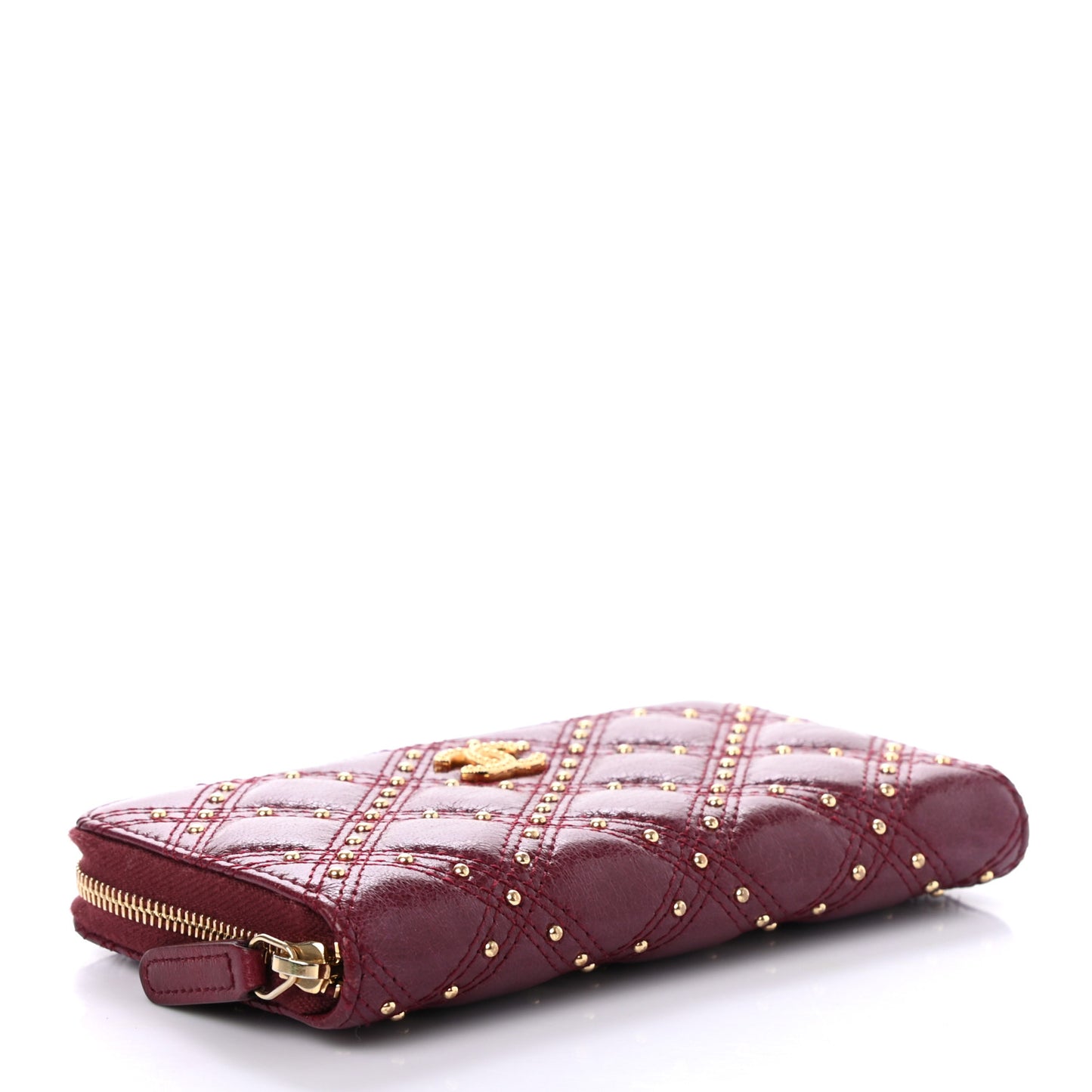 Lambskin Studded Quilted Zip Around Wallet Burgundy