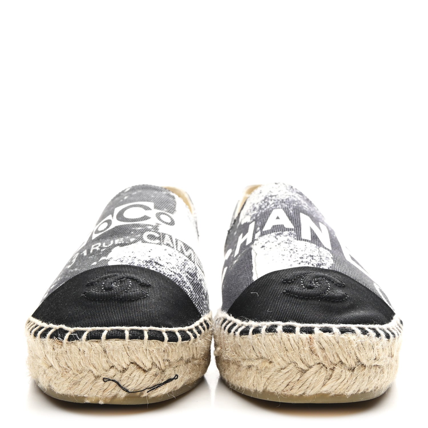 Chanel Printed Canvas Grosgrain 31 Rue Cambon Espadrilles 38 Black White 3 of 10