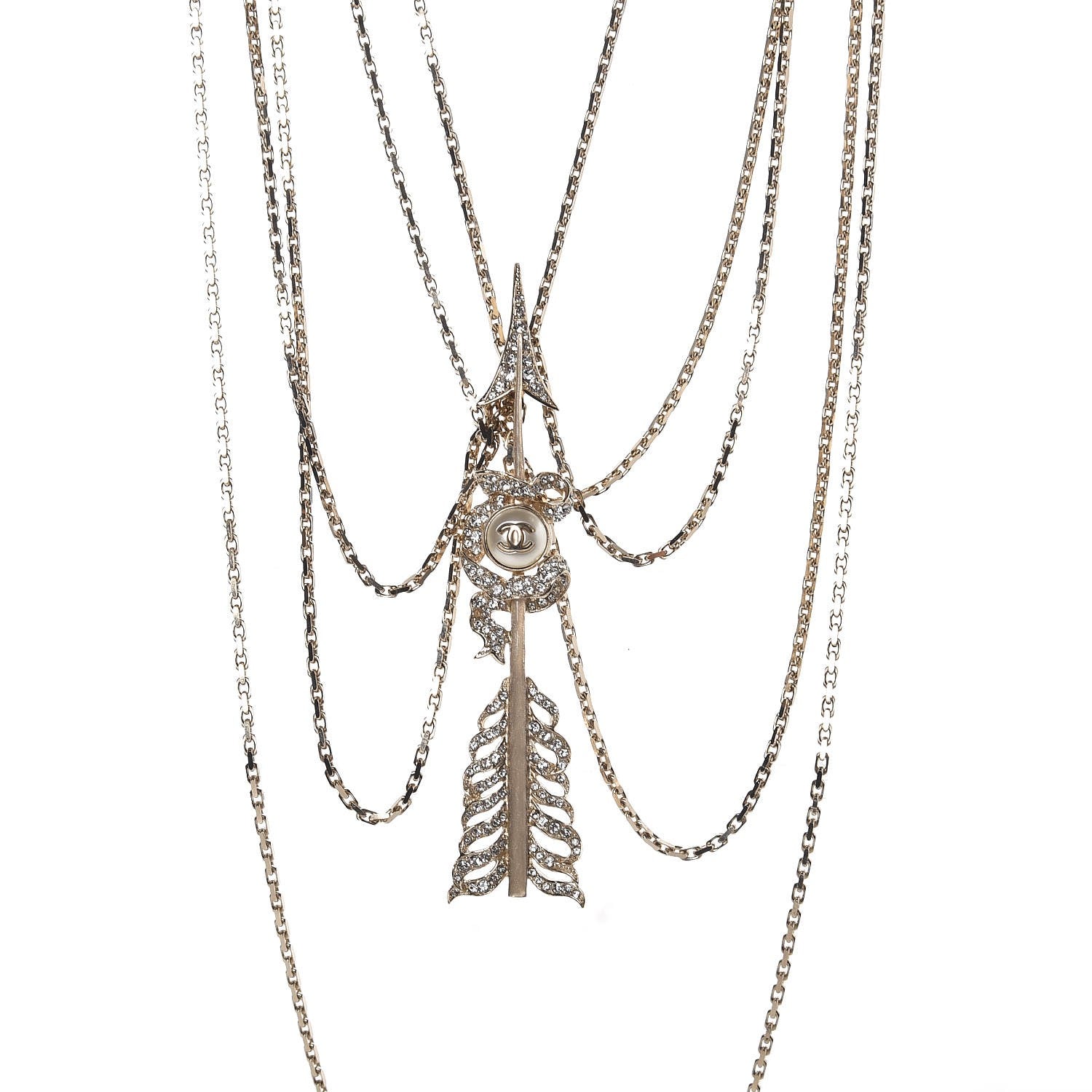 Chanel Crystal Pearl Multi Strand Chain CC Arrow Necklace Gold 4 of 6