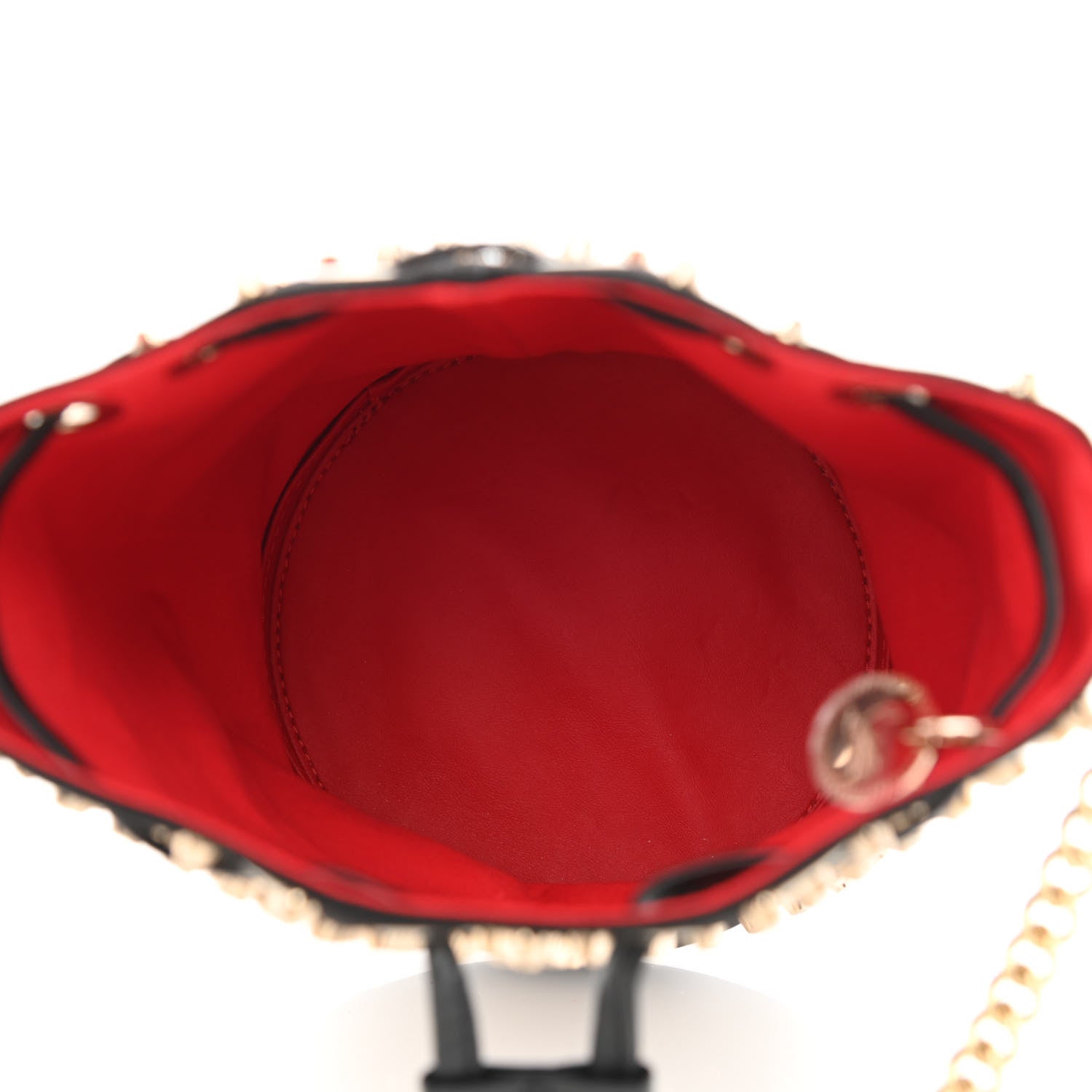 Christian Louboutin Silk Satin Calfskin Marie Jane Loubirun Studded Bucket Black Gold Platine 6 of 12