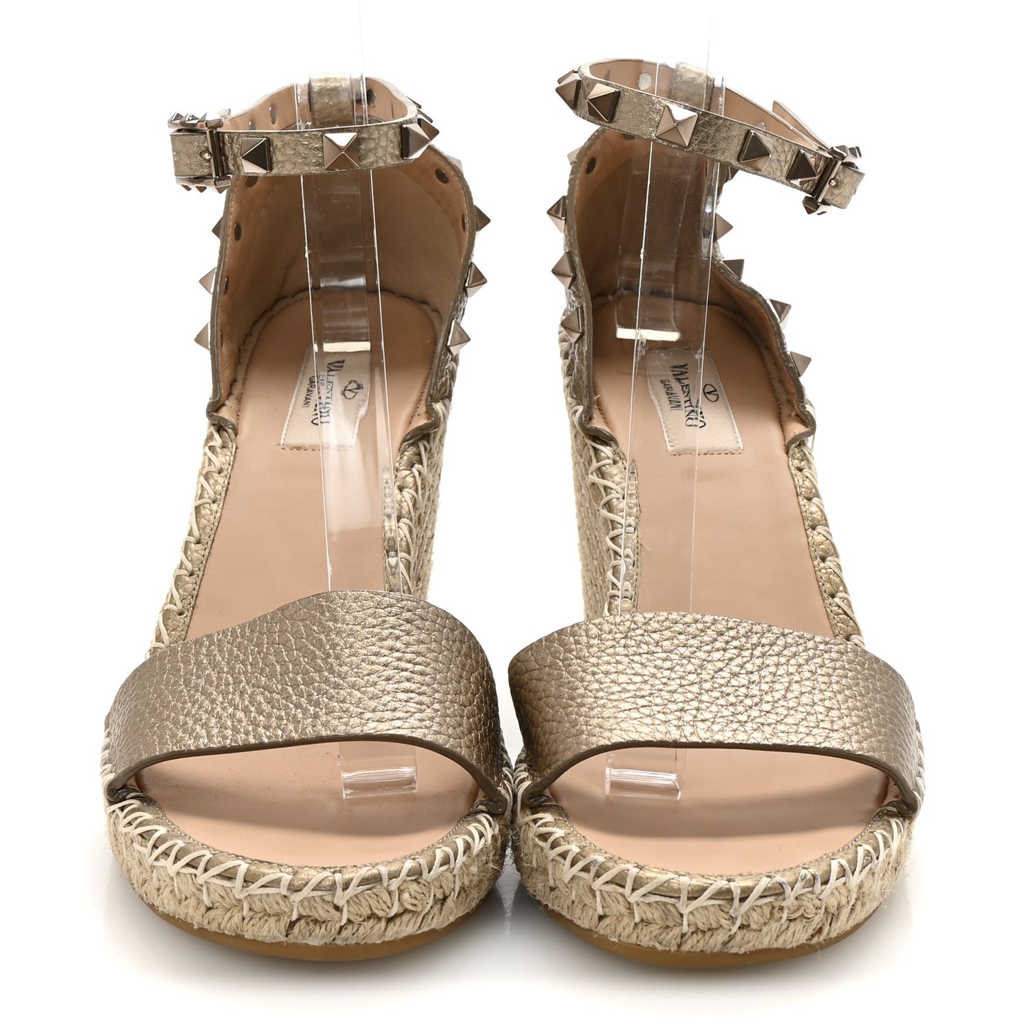 Metallic Grained Calfskin Rockstud Crisscross Ankle Strap Espadrille Wedge Sandals 39 Skin Natural