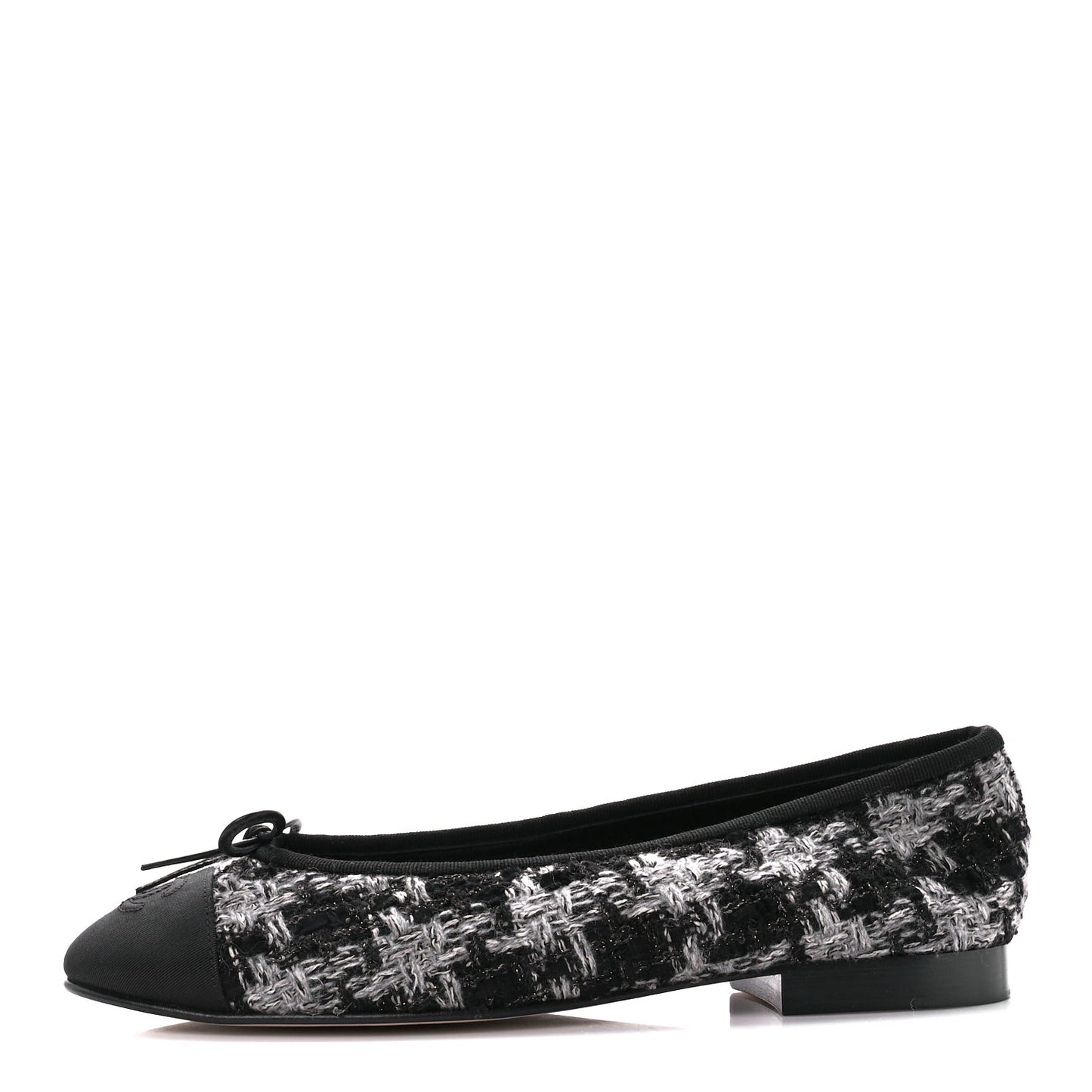 Tweed Grosgrain Cap Toe Ballerina Flats 38.5 Black White
