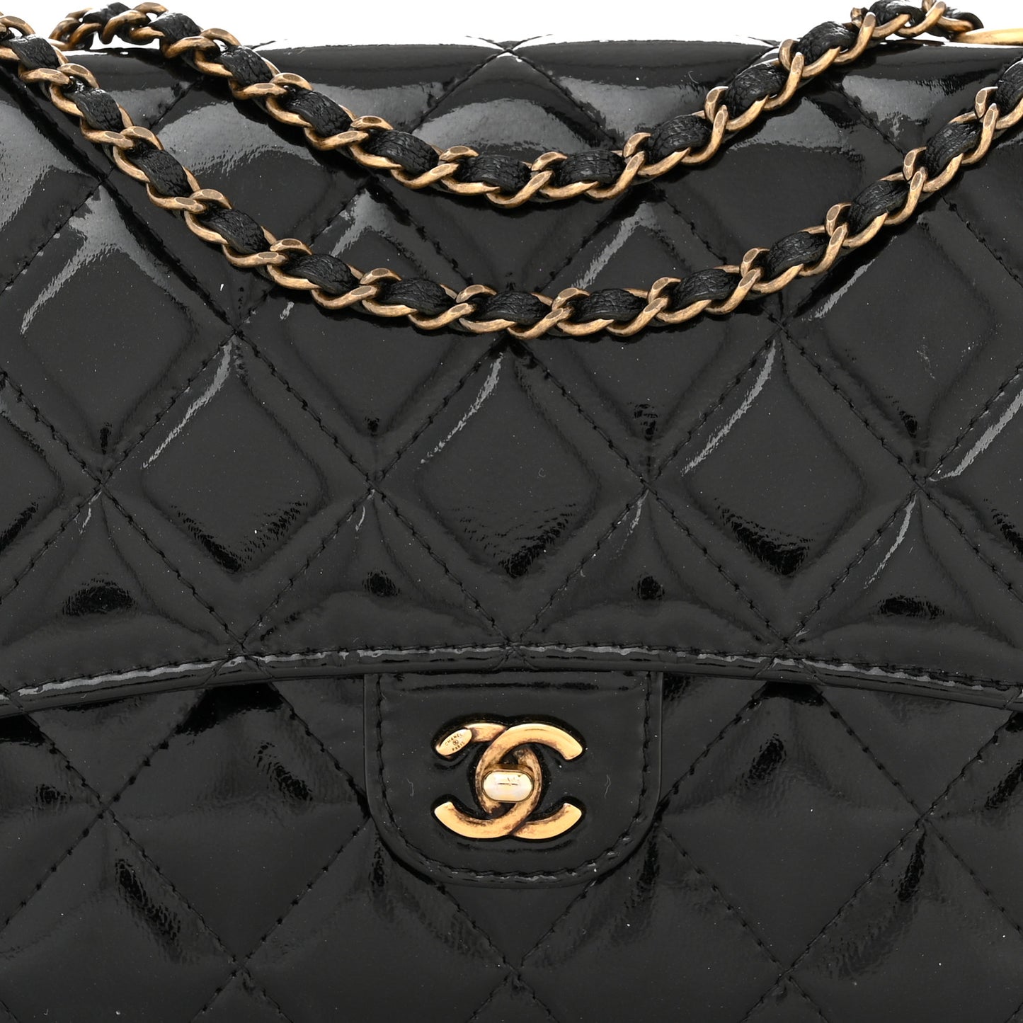 Patent Goatskin Quilted CC Eyelet Wallet On Chain WOC Black