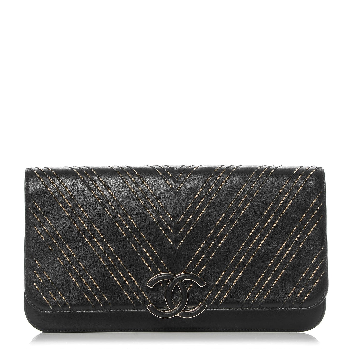 Lambskin Chain Chevron CC Clutch Black