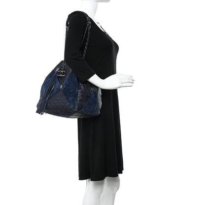 Chanel Goatskin Suede Calfskin Quilted Patchwork Drawstring Bag Blue 2 of 11