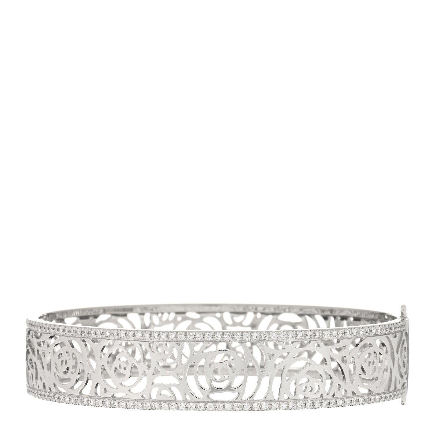 Chanel 18K White Gold Diamond Camelia Ajoure Bangle Bracelet L 2 of 3