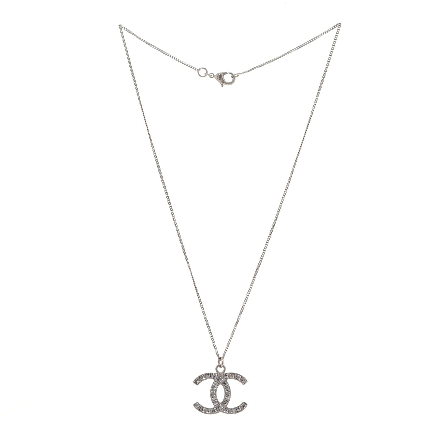Chanel Crystal CC Pendant Necklace Silver 3 of 5
