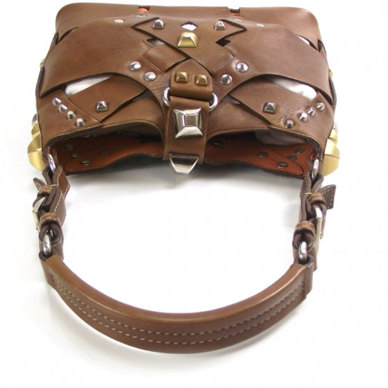 Leather Woven Studded Lattice Shoulder Bag