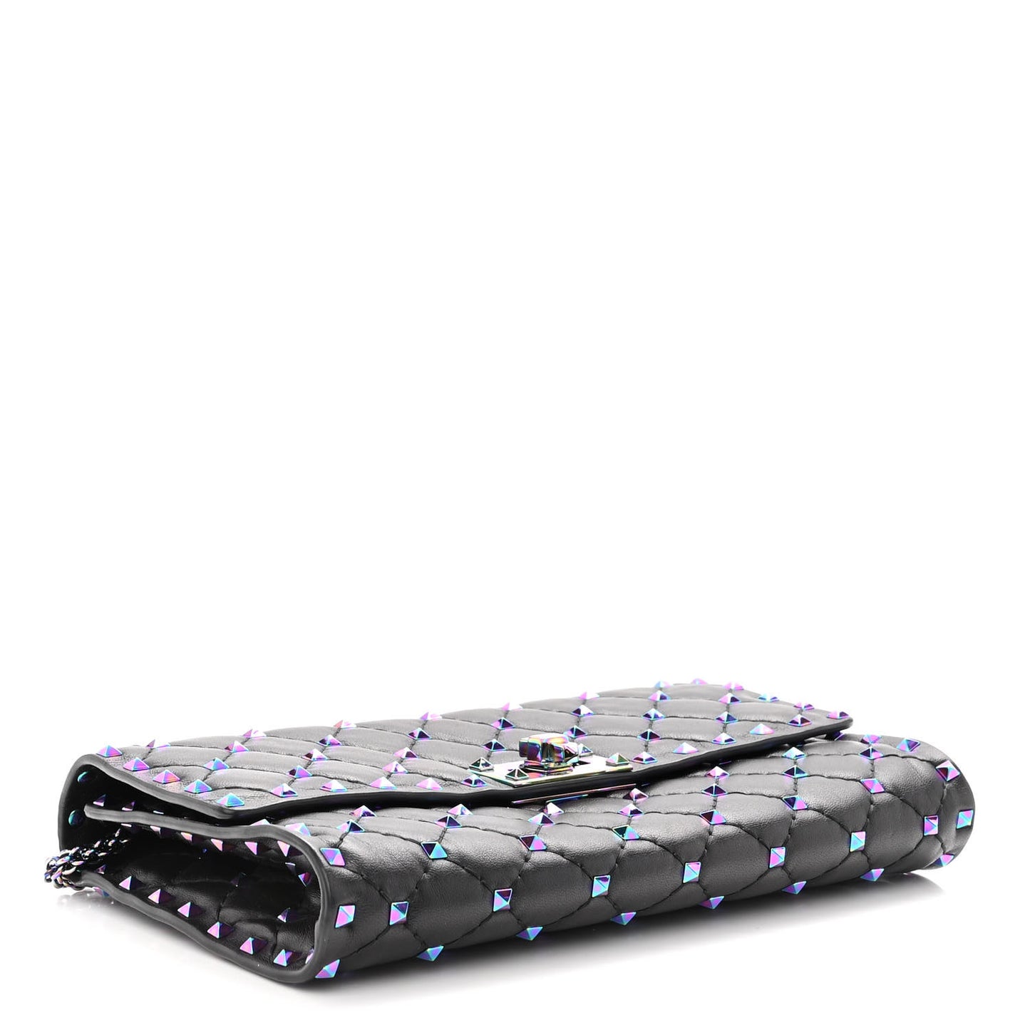 Lambskin Oil Slick Rockstud Spike Wallet on Chain Black