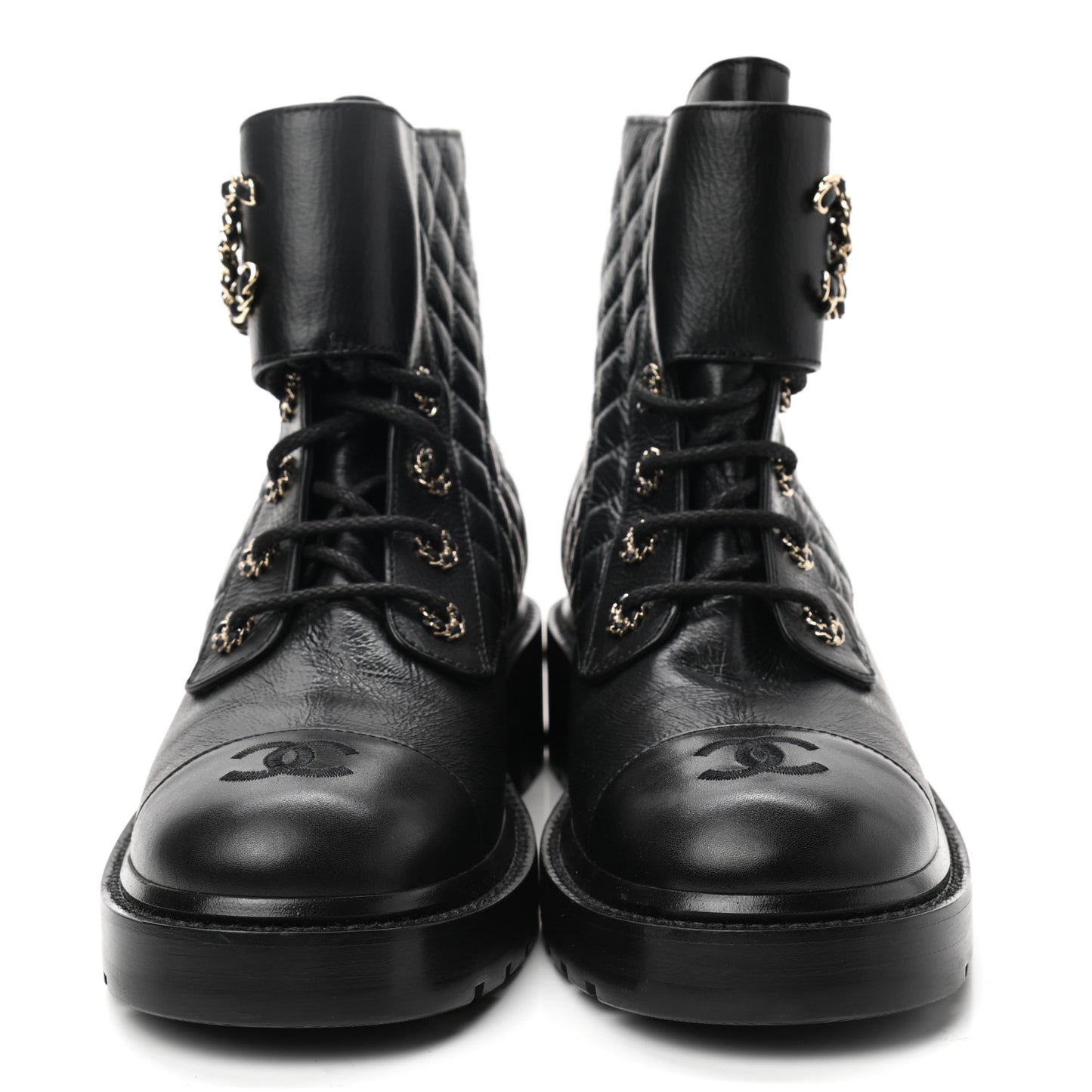 Shiny Goatskin Calfskin Quilted Lace Up Combat Boots 41.5 Black