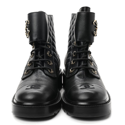 Chanel Shiny Goatskin Calfskin Quilted Lace Up Combat Boots 41.5 Black 2 of 8