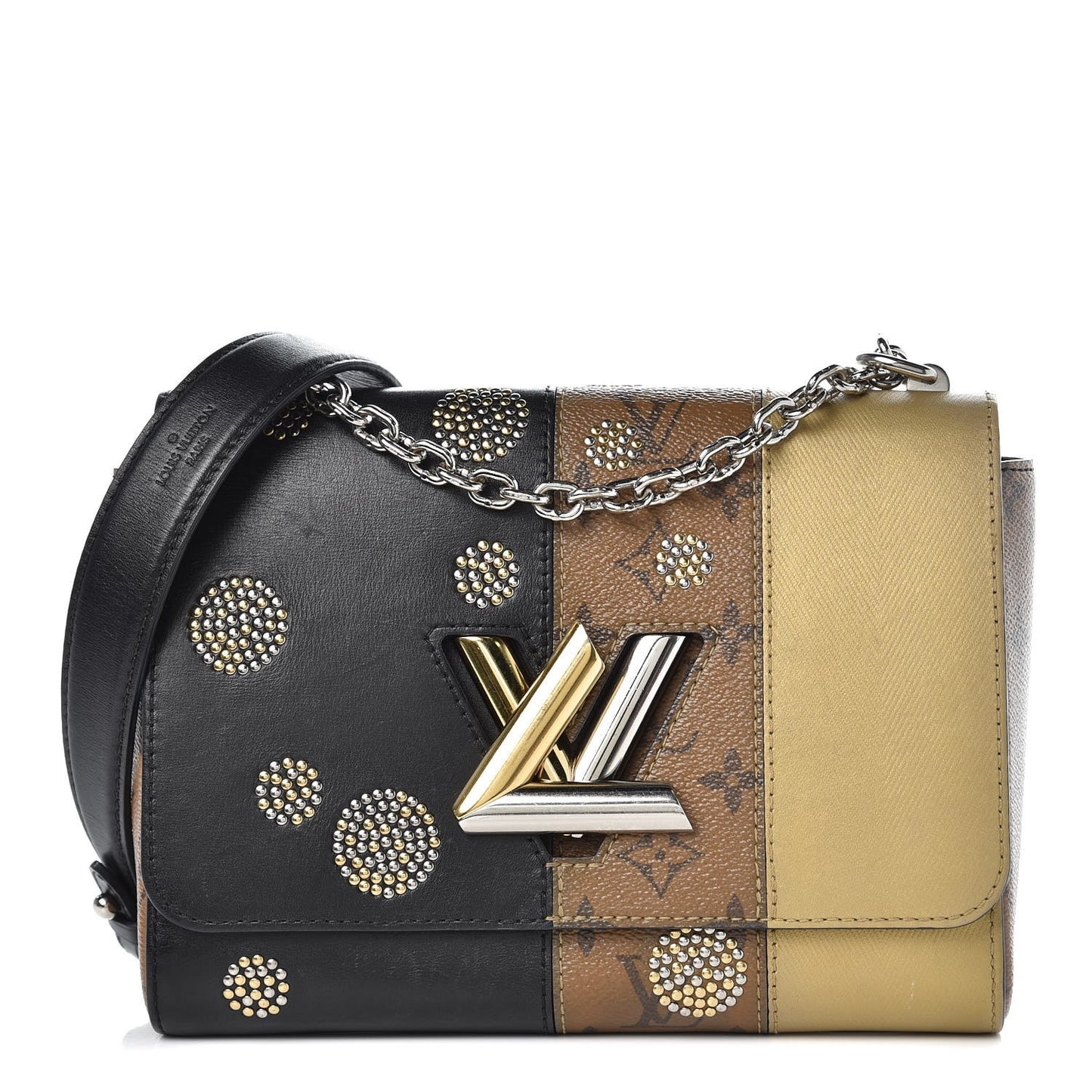 Calfskin Reverse Monogram Studded Twist Shoulder Bag MM Black Gold