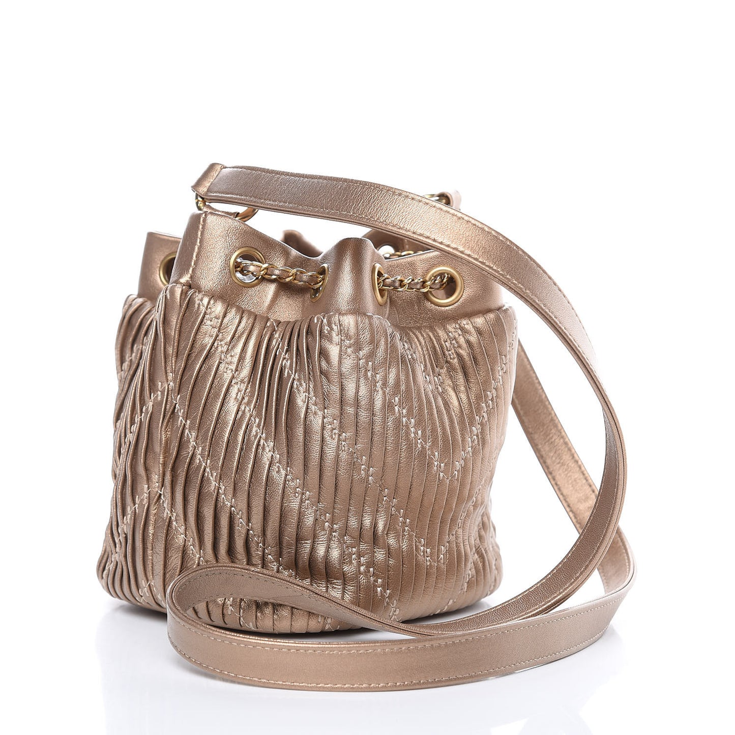 Metallic Lambskin Coco Pleats Small Drawstring Bag Gold