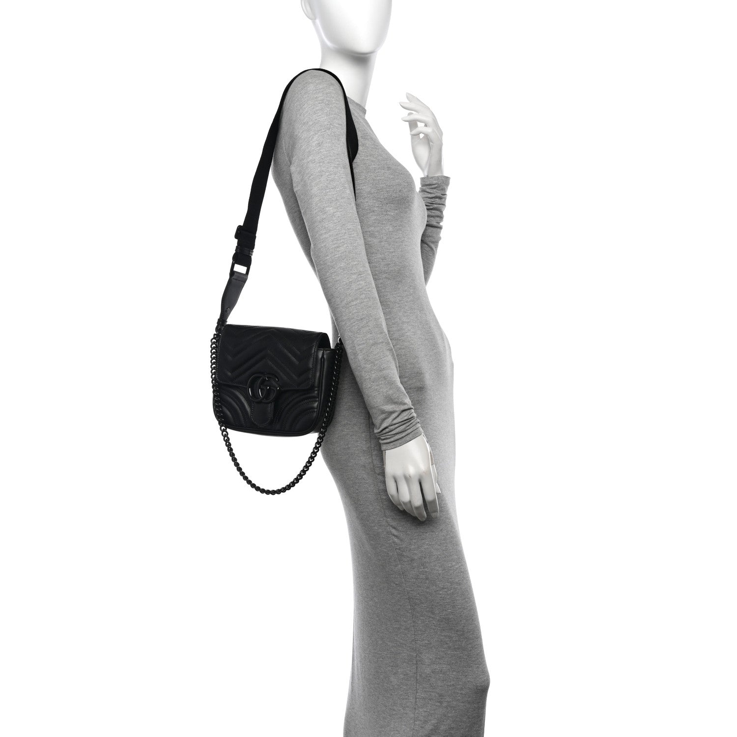 Gucci Calfskin Matelasse Monochrome Mini GG Marmont Crossbody Shoulder Bag Black 2 of 11