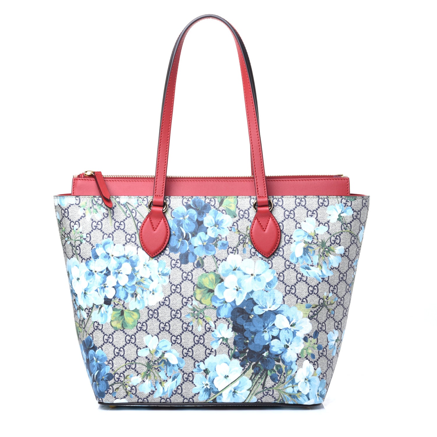 Gucci GG Supreme Monogram Blooms Medium Zippered Bucket Tote Beige Blue Navy Hibiscus Red 1 of 9