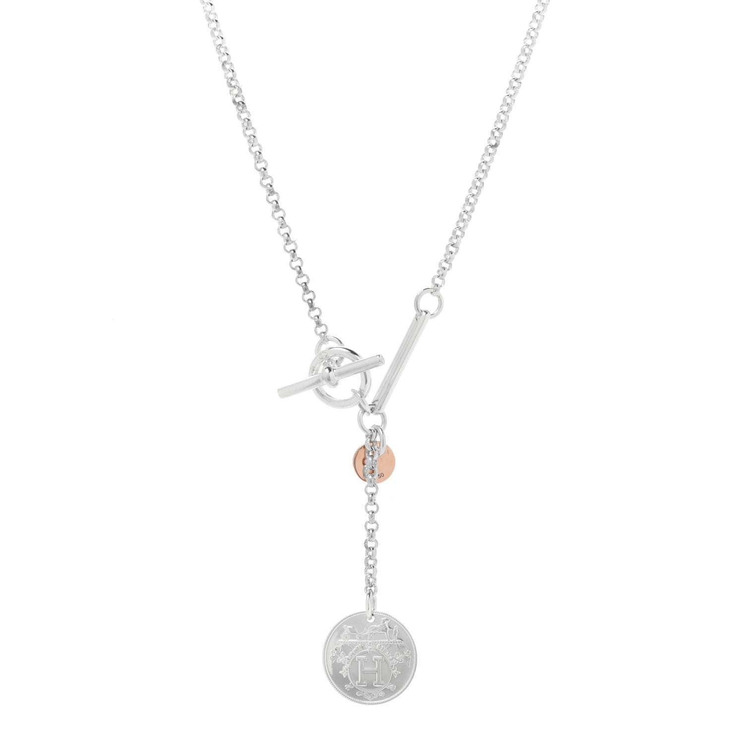 Hermes Sterling Silver 18K Rose Gold PM Ex-Libris Pendant Necklace 1 of 7