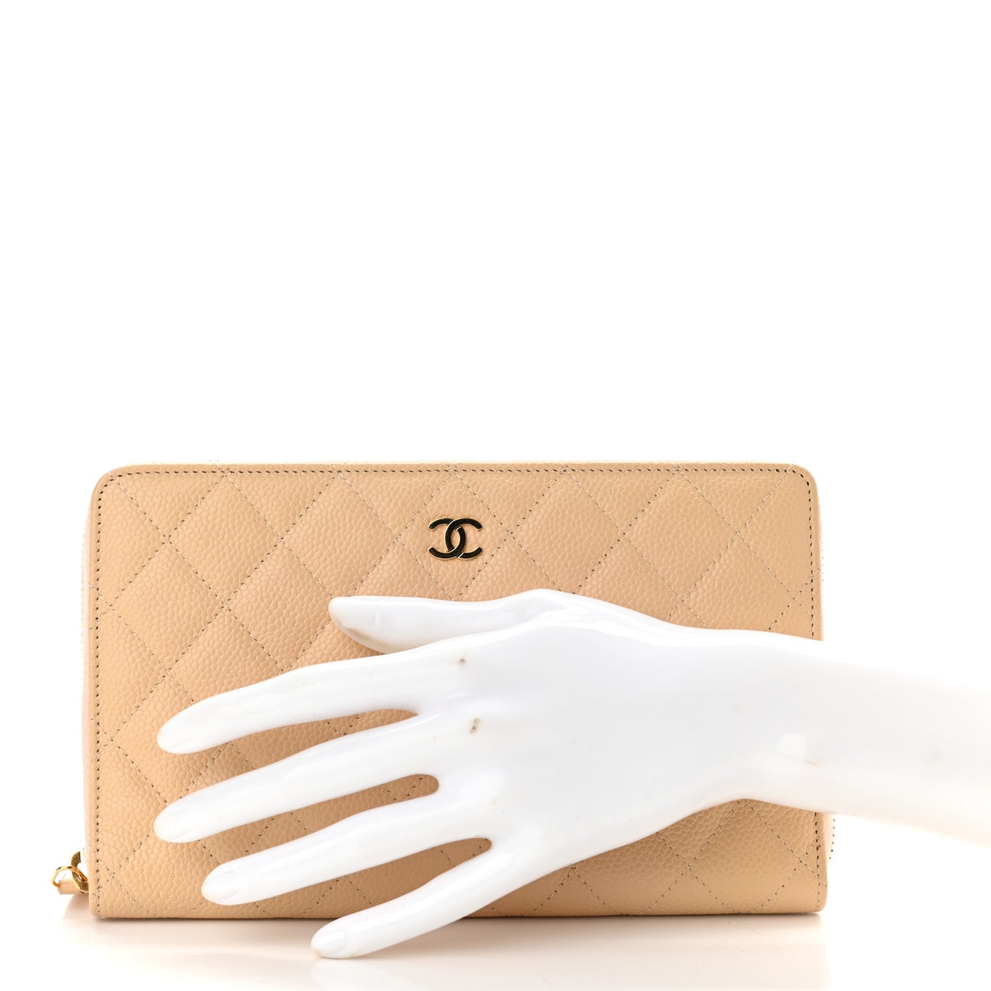 Caviar Quilted Large Zip Around Organizer Wallet Beige
