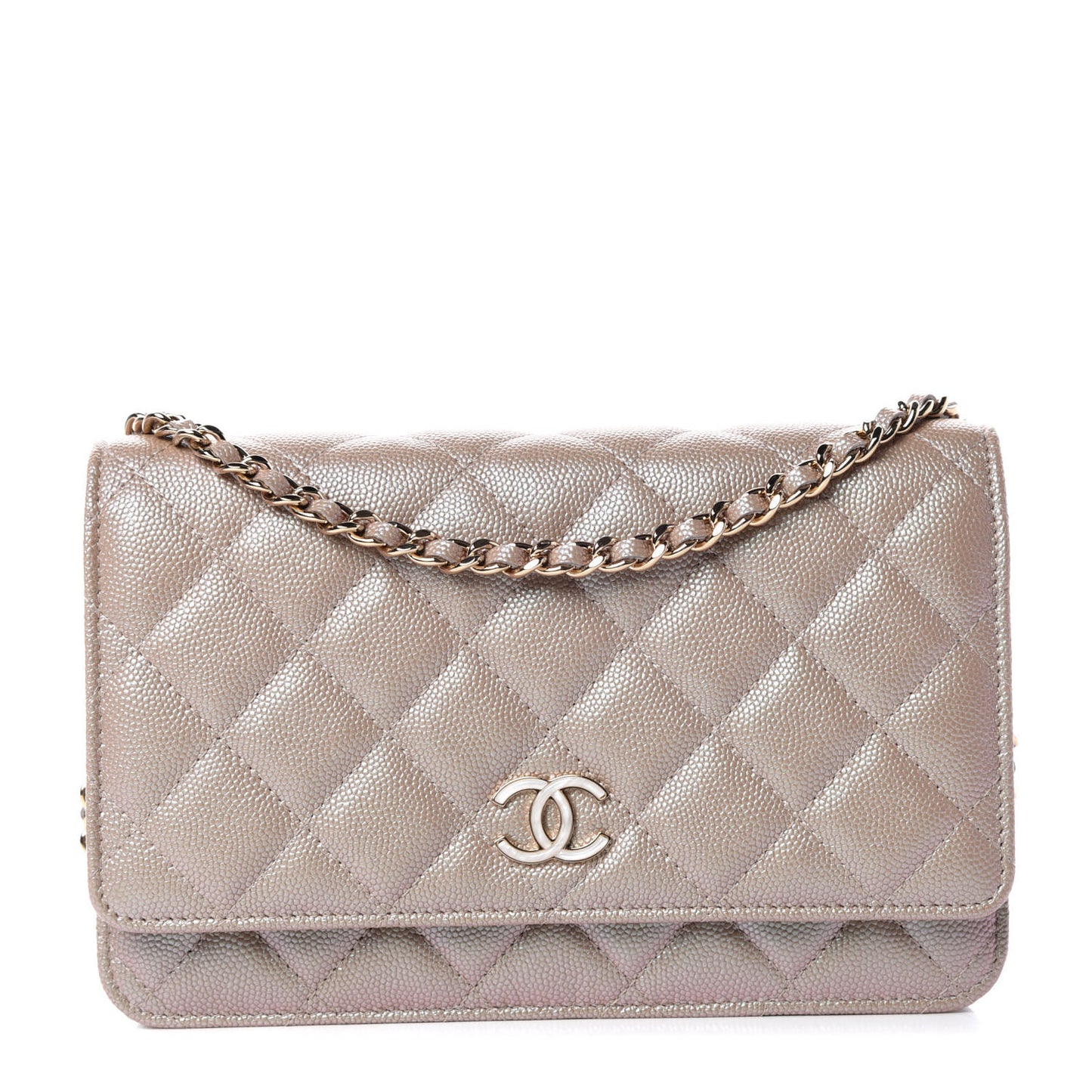 Iridescent Caviar Quilted Wallet On Chain WOC Beige