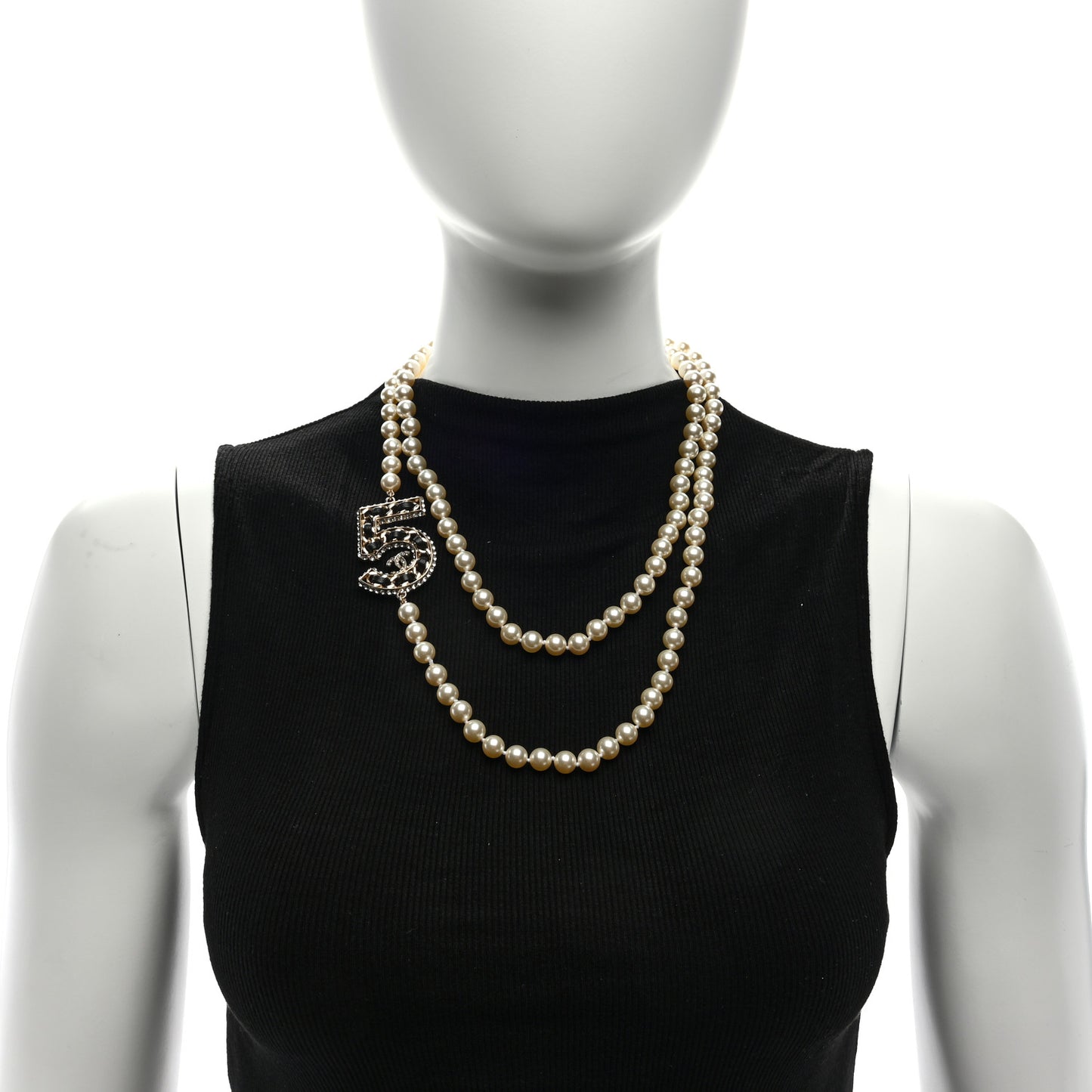 Pearl Crystal Lambskin Chain CC No 5 Long Necklace Gold