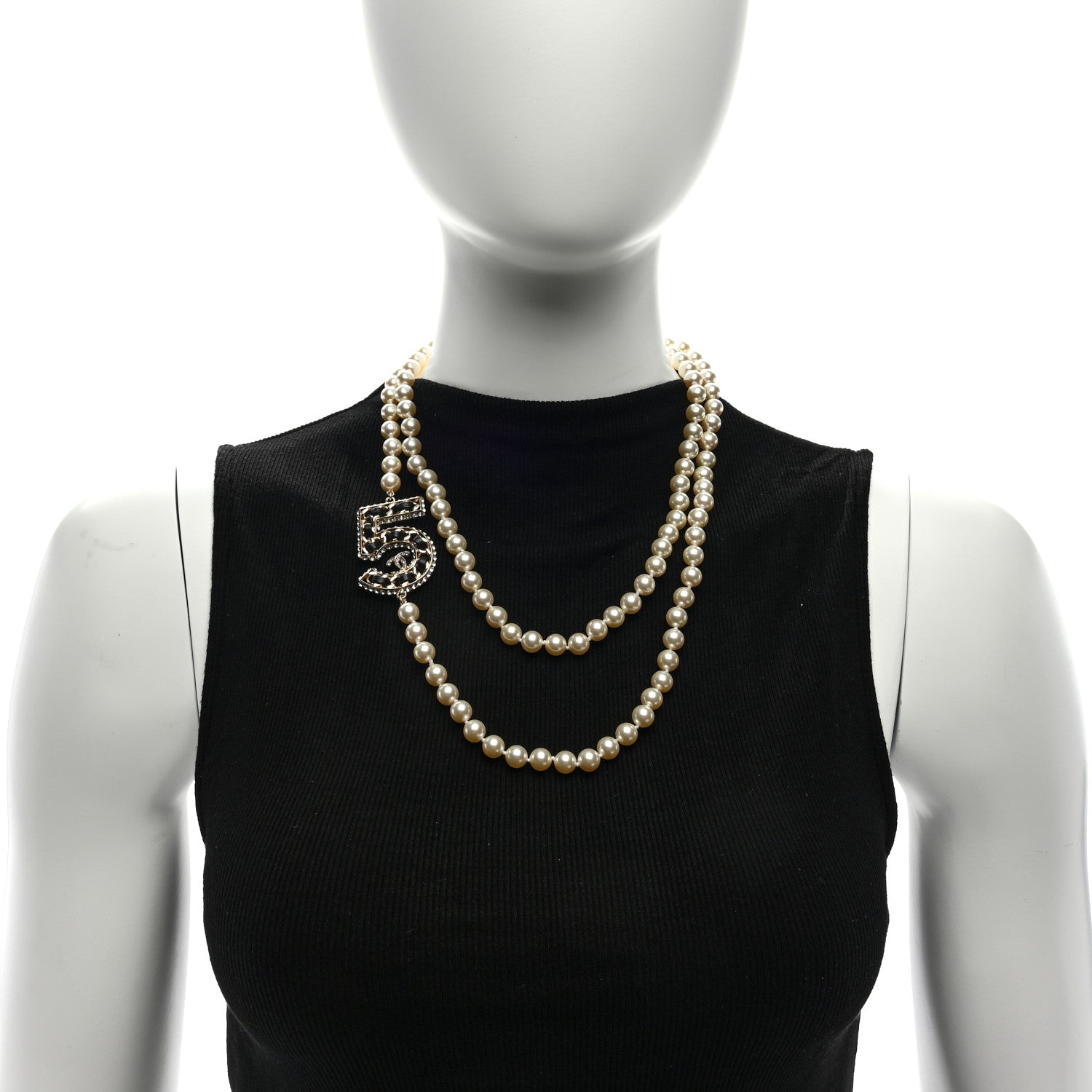 Chanel Pearl Crystal Lambskin Chain CC No 5 Long Necklace Gold 2 of 4