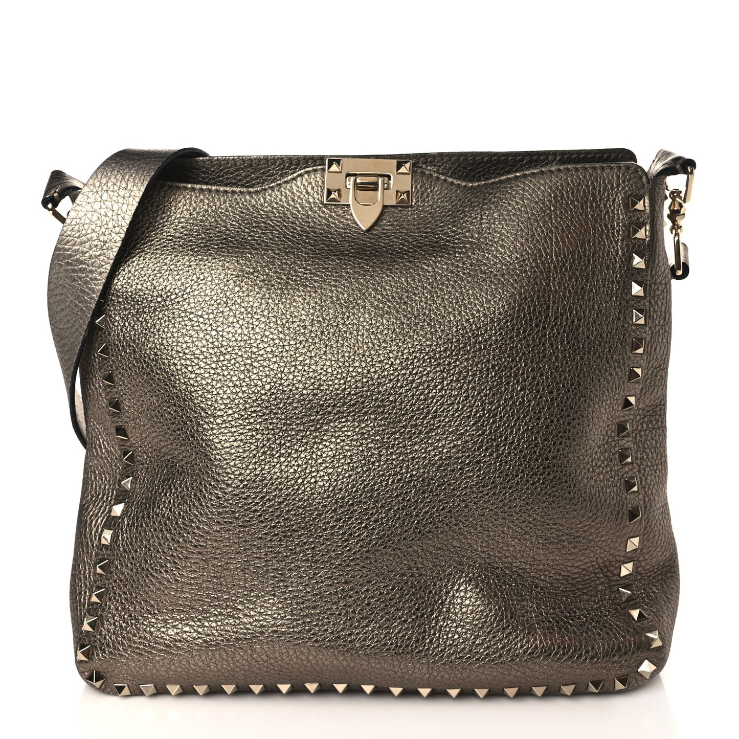 Metallic Pebbled Calfskin Large Rockstud Flip-Lock Messenger Bag Sasso