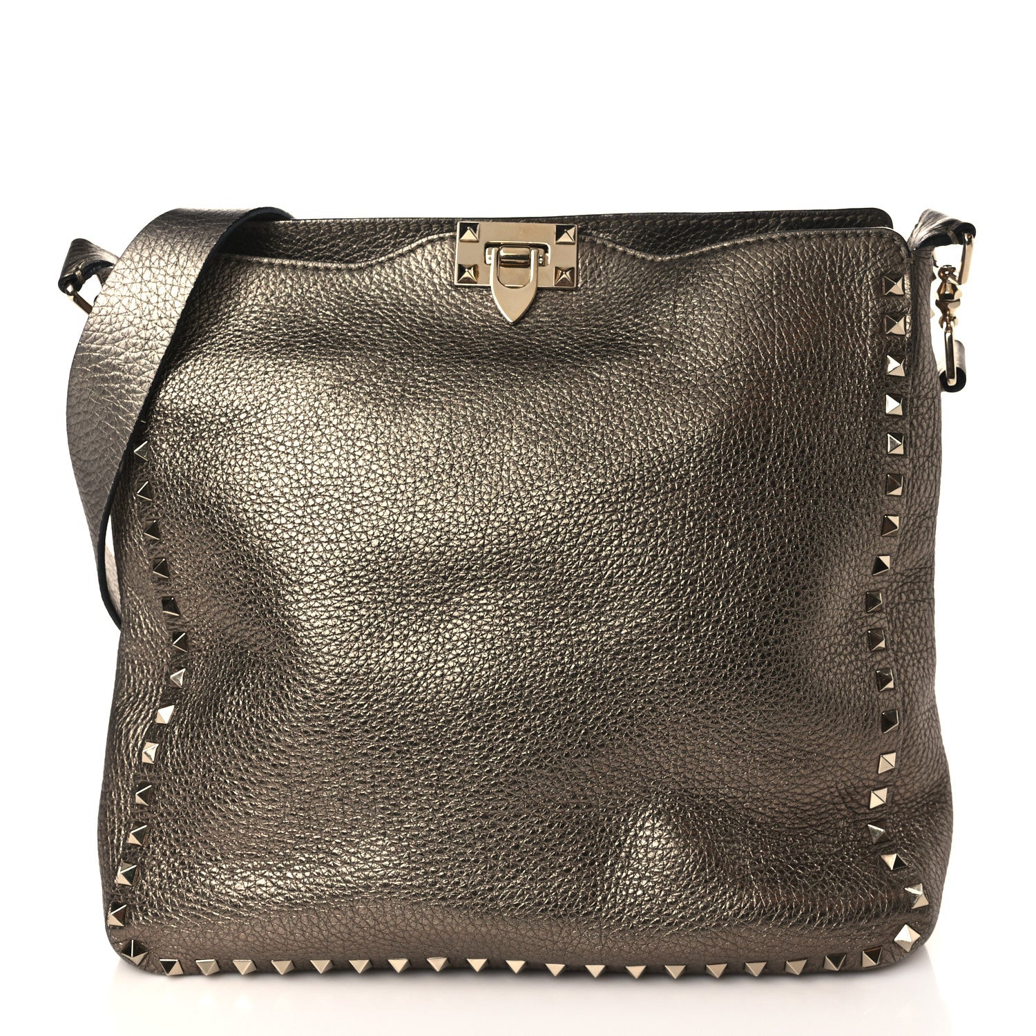 Valentino Garavani Metallic Pebbled Calfskin Large Rockstud Flip-Lock Messenger Bag Sasso 1 of 10