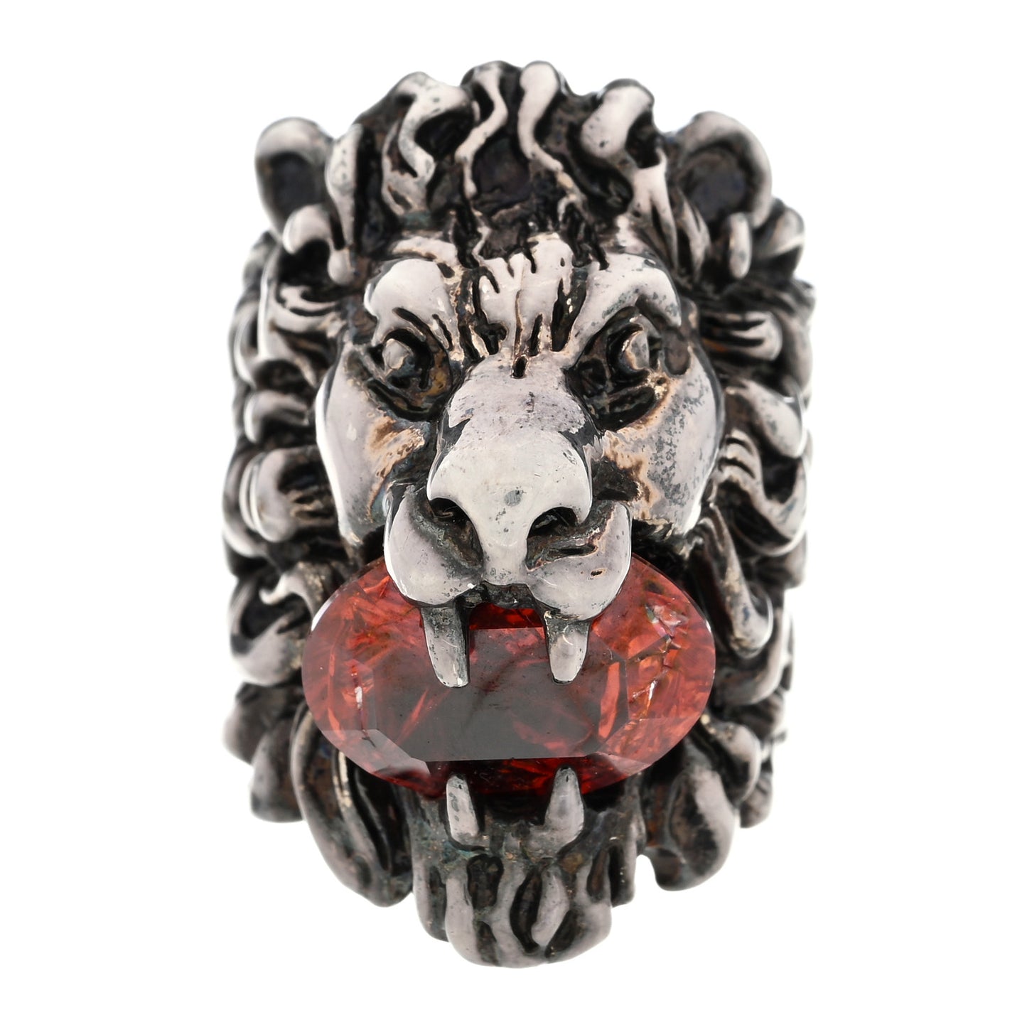 Metal Crystal Lion Head Ring Red Aged 49 4.75 Silver