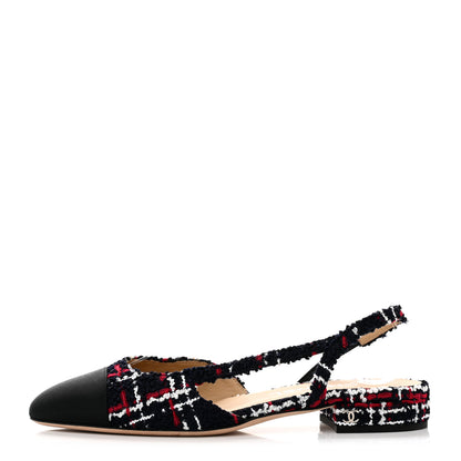 Chanel Tweed Grosgrain Cap Toe CC Slingback Flats 36.5 Navy Red White 1 of 10