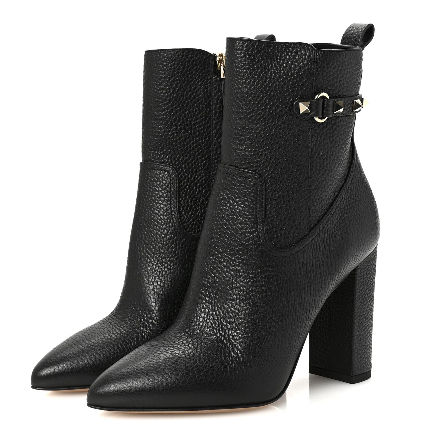 Pebbled Calfskin Rockstud Single Buckle 90mm Block Heel Ankle Boots 38 Black