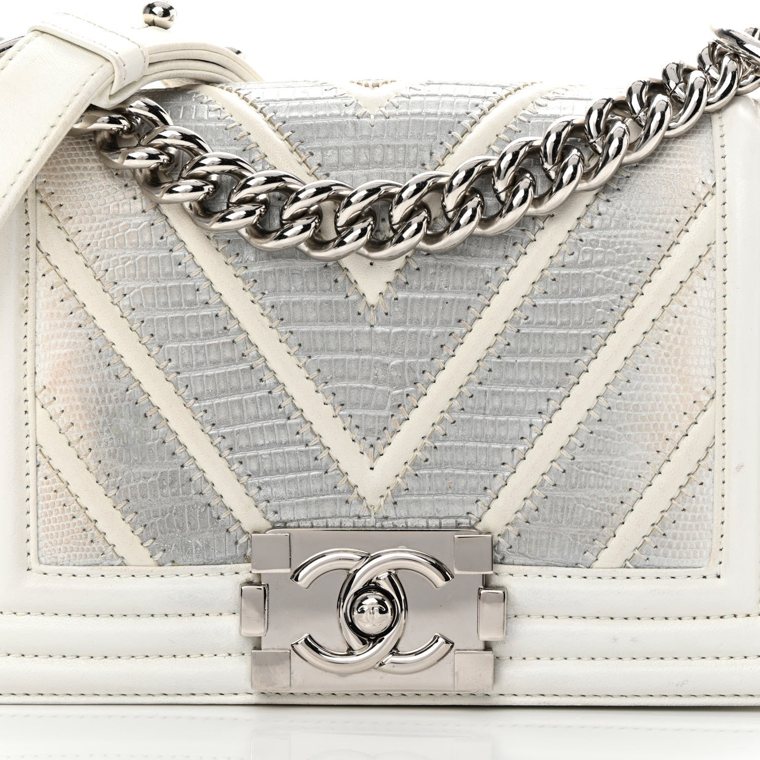 Chanel Lizard Chevron Stitched Small Boy Flap White Silver 8 of 17