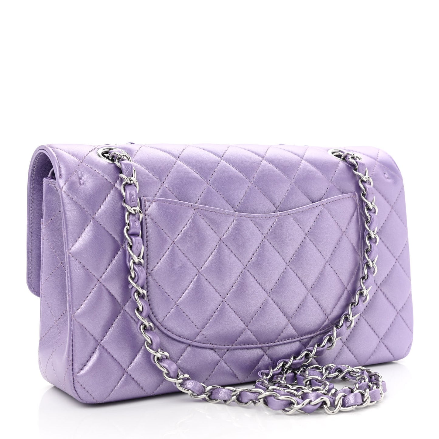 Iridescent Calfskin Quilted Medium Double Flap Purple