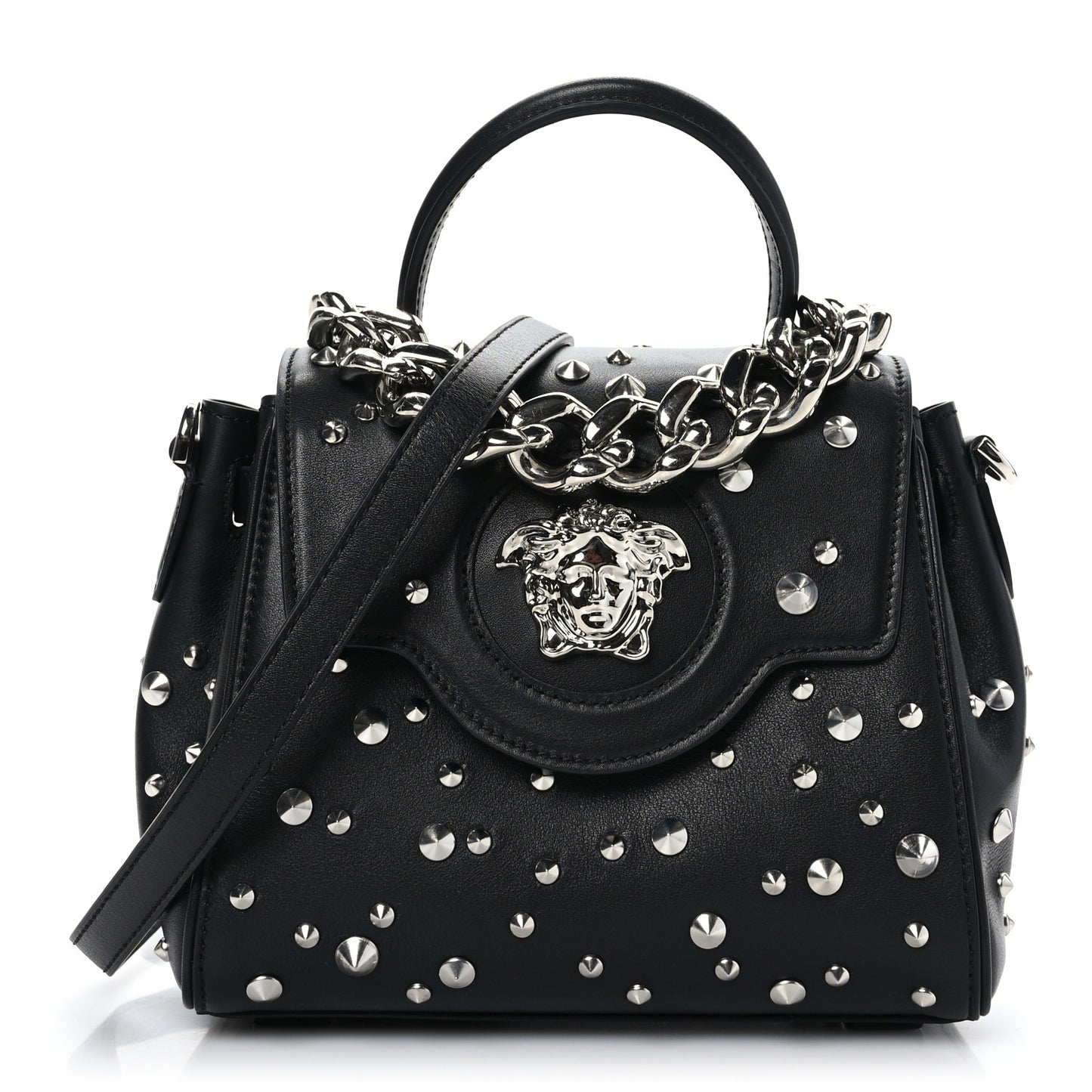 Grained Calfskin Spiked Small La Medusa Top Handle Bag Black