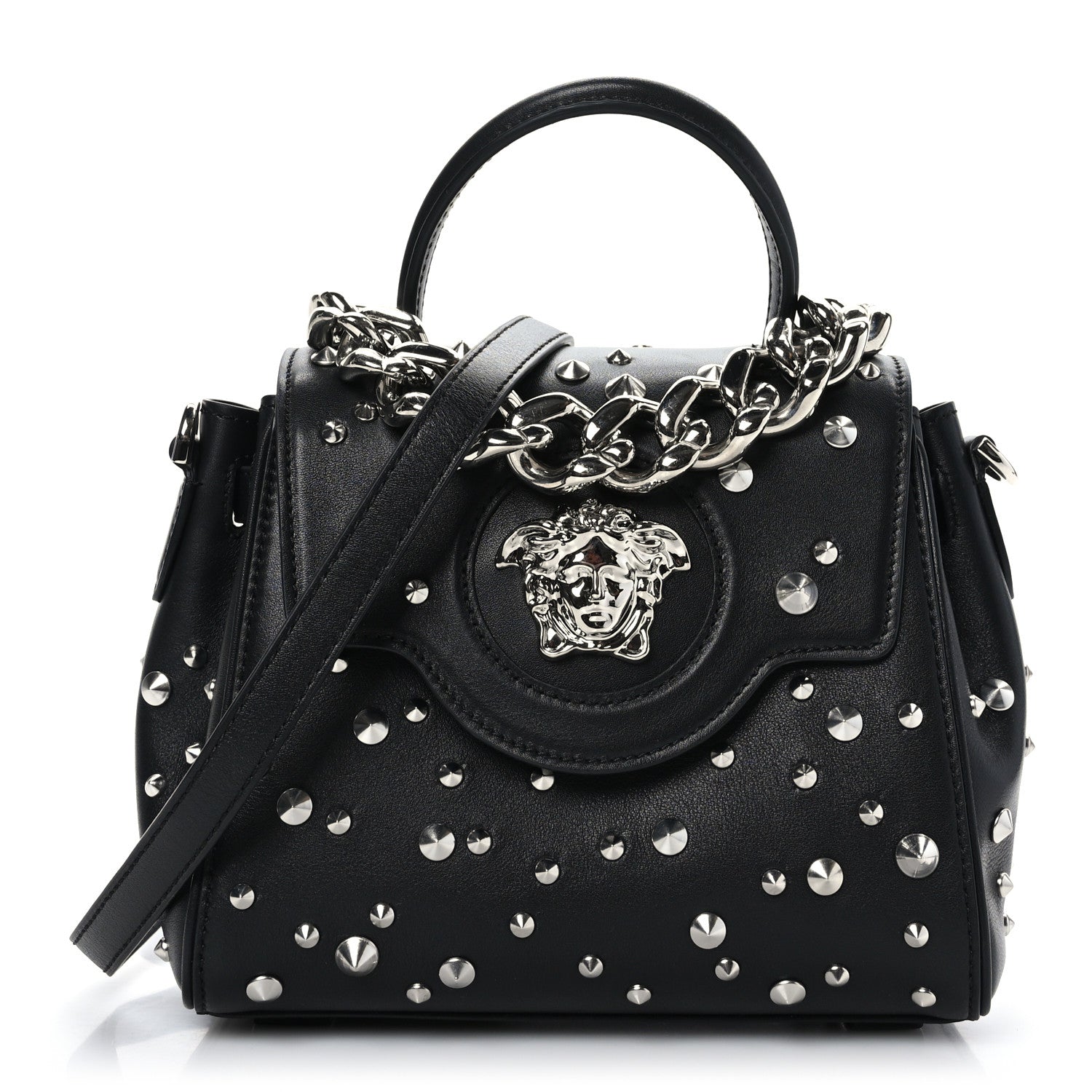 Versace Grained Calfskin Spiked Small La Medusa Top Handle Bag Black 1 of 7