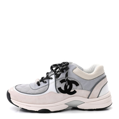 Chanel Nylon Calfskin Suede Womens CC Sneakers 39 Grey White Pink 1 of 7