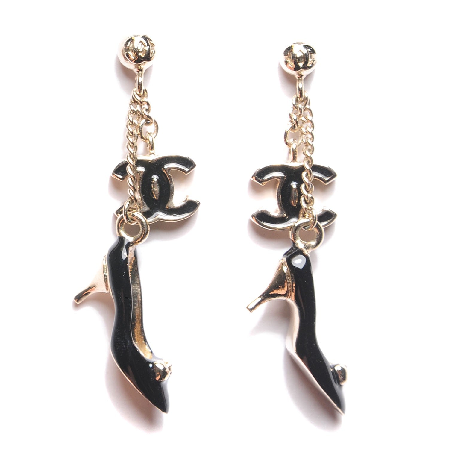 Chanel Enamel CC Heels Charm Earrings Gold Black 1 of 3