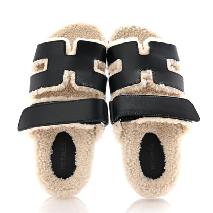 Hermes Calfskin Woolskin Womens Chypre Sandals 36 Black Ecru 2 of 9