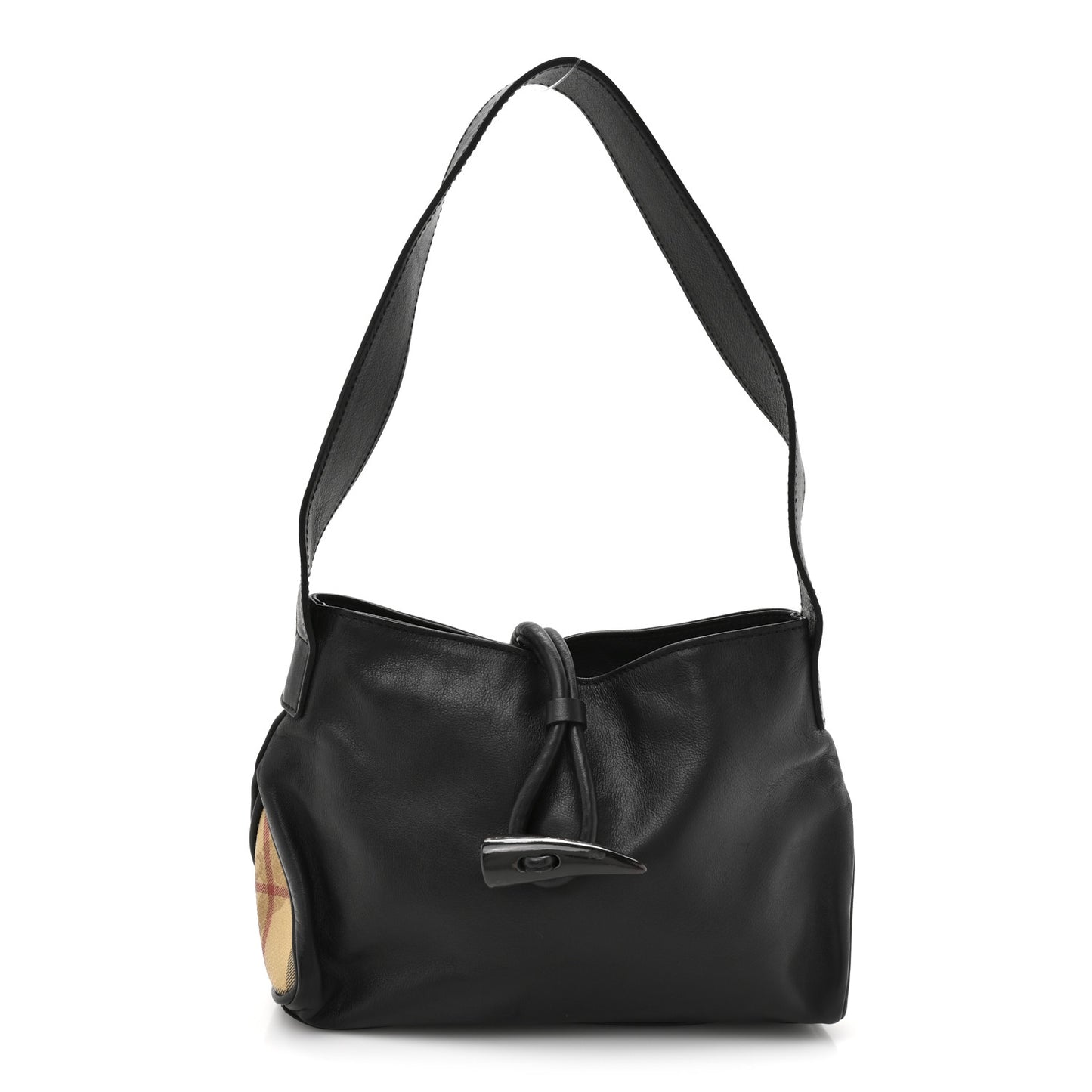 Calfskin Haymarket Check Horn Toggle Shoulder Bag Black Black
