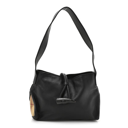 Burberry Calfskin Haymarket Check Horn Toggle Shoulder Bag Black Black 1 of 12
