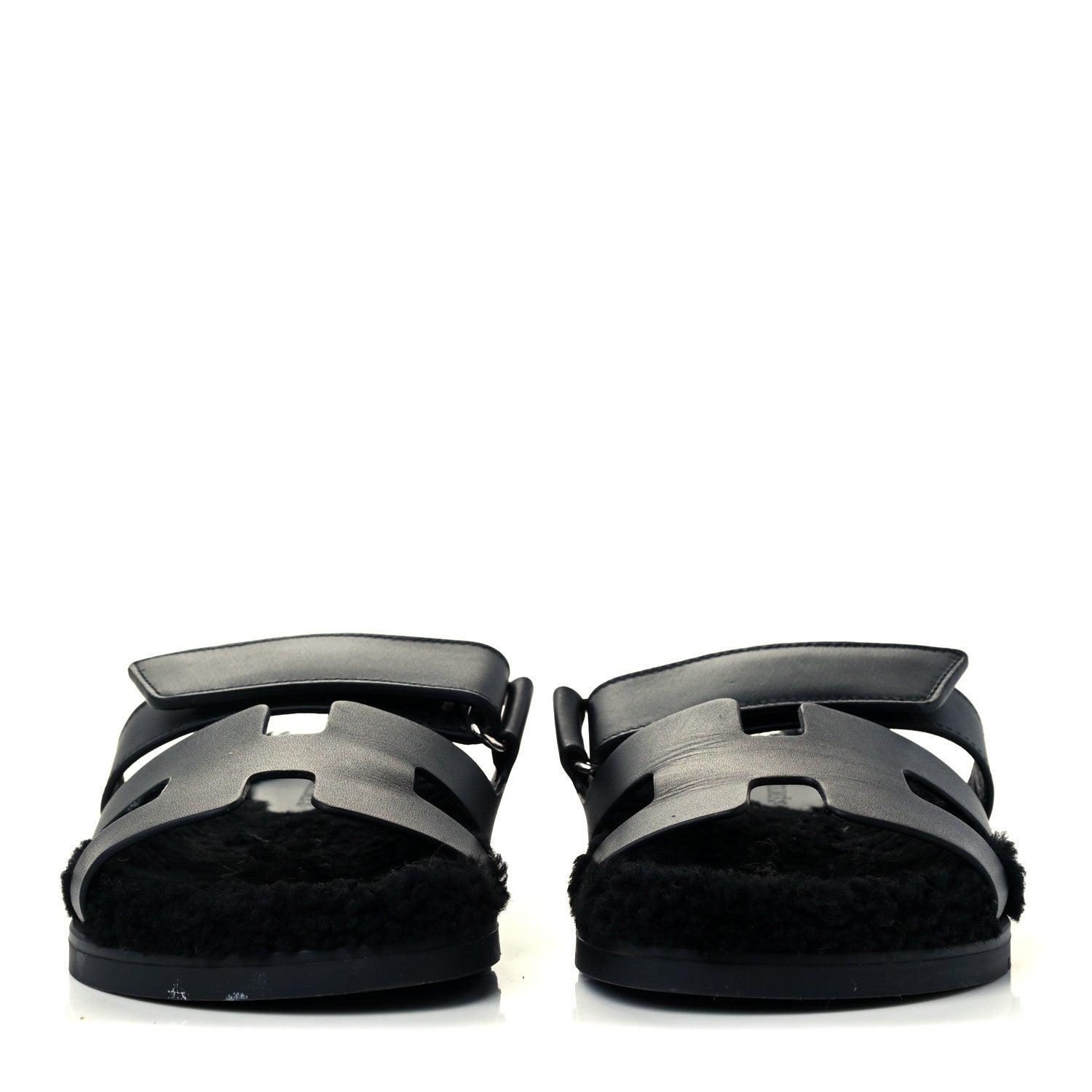 Hermes Calfskin Woolskin Womens Chypre Sandals 37 Black 3 of 12