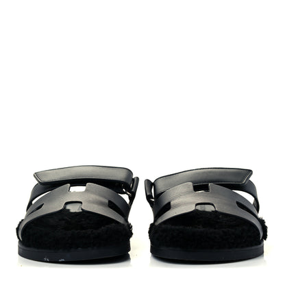 Hermes Calfskin Woolskin Womens Chypre Sandals 37 Black 3 of 12