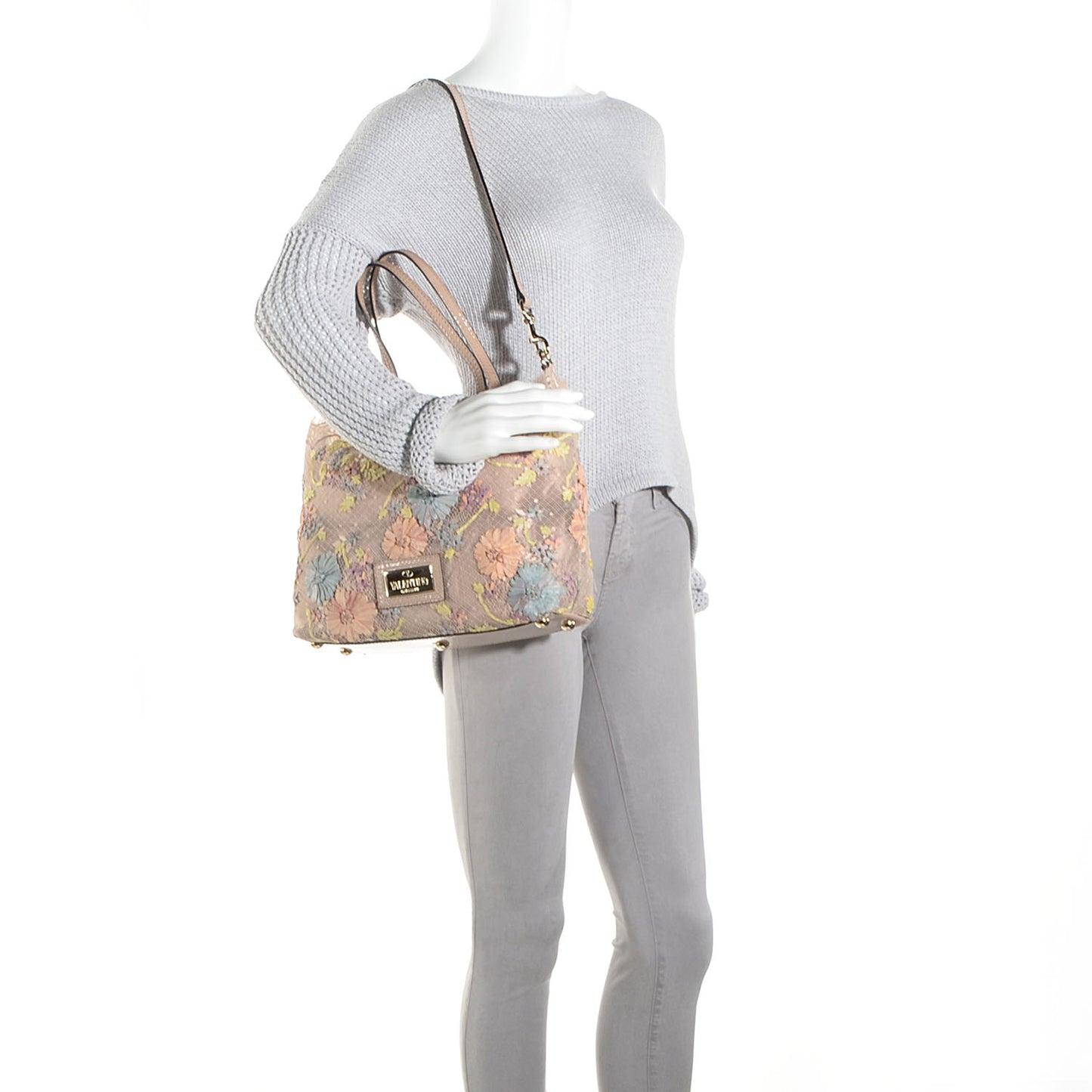 Patent Trimmed Lace Embroidered Tote Neutral