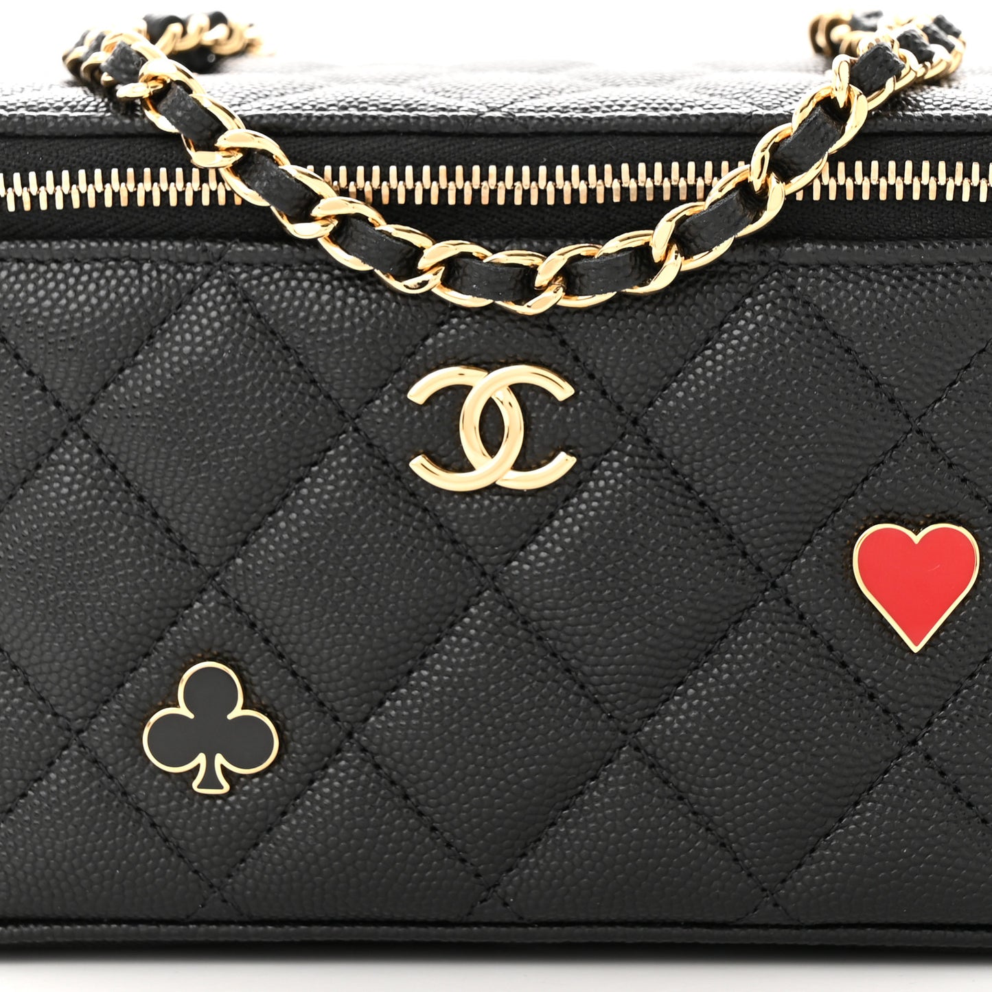 Caviar Quilted Enamel Coco Casino Small Vanity Case With Chain Black
